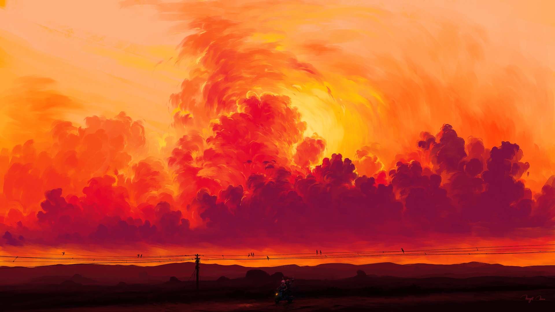 Digital Painting Sunset Sky Clouds Motorcyclist BisBiswas 1920x1080