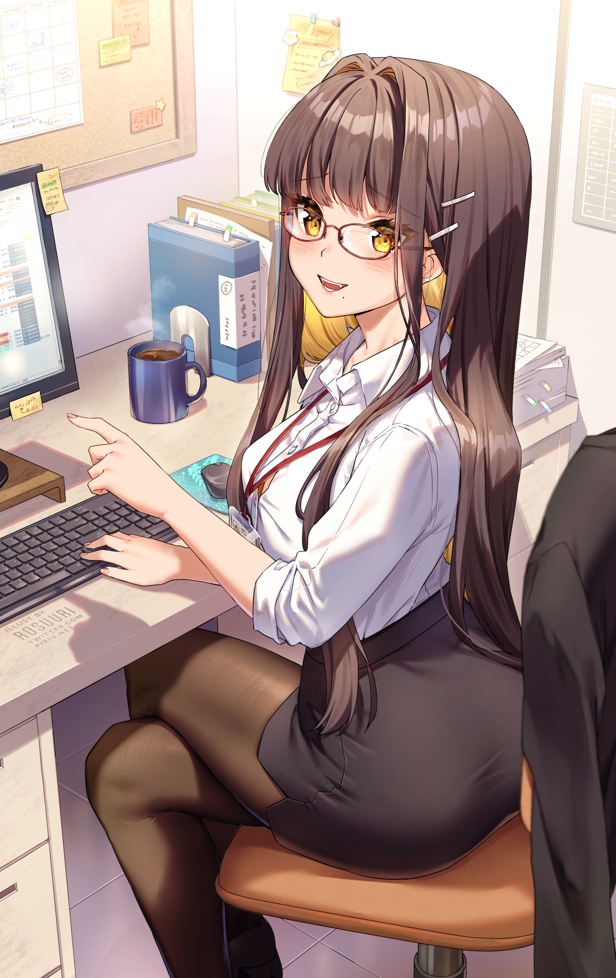 Anime Anime Girls Rosuuri Artwork Brunette Long Hair Yellow Eyes Glasses Office Girl Wallpaper