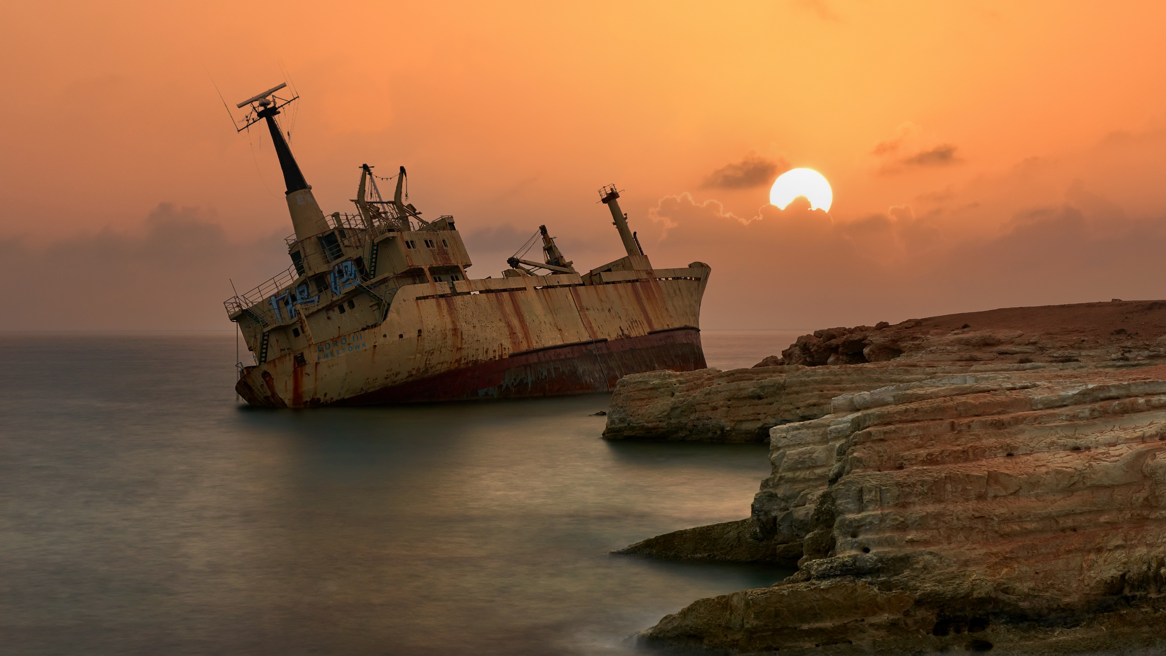 Outdoors Ship Shipwreck Vehicle Orange Sky Sea Sun 3840x2160