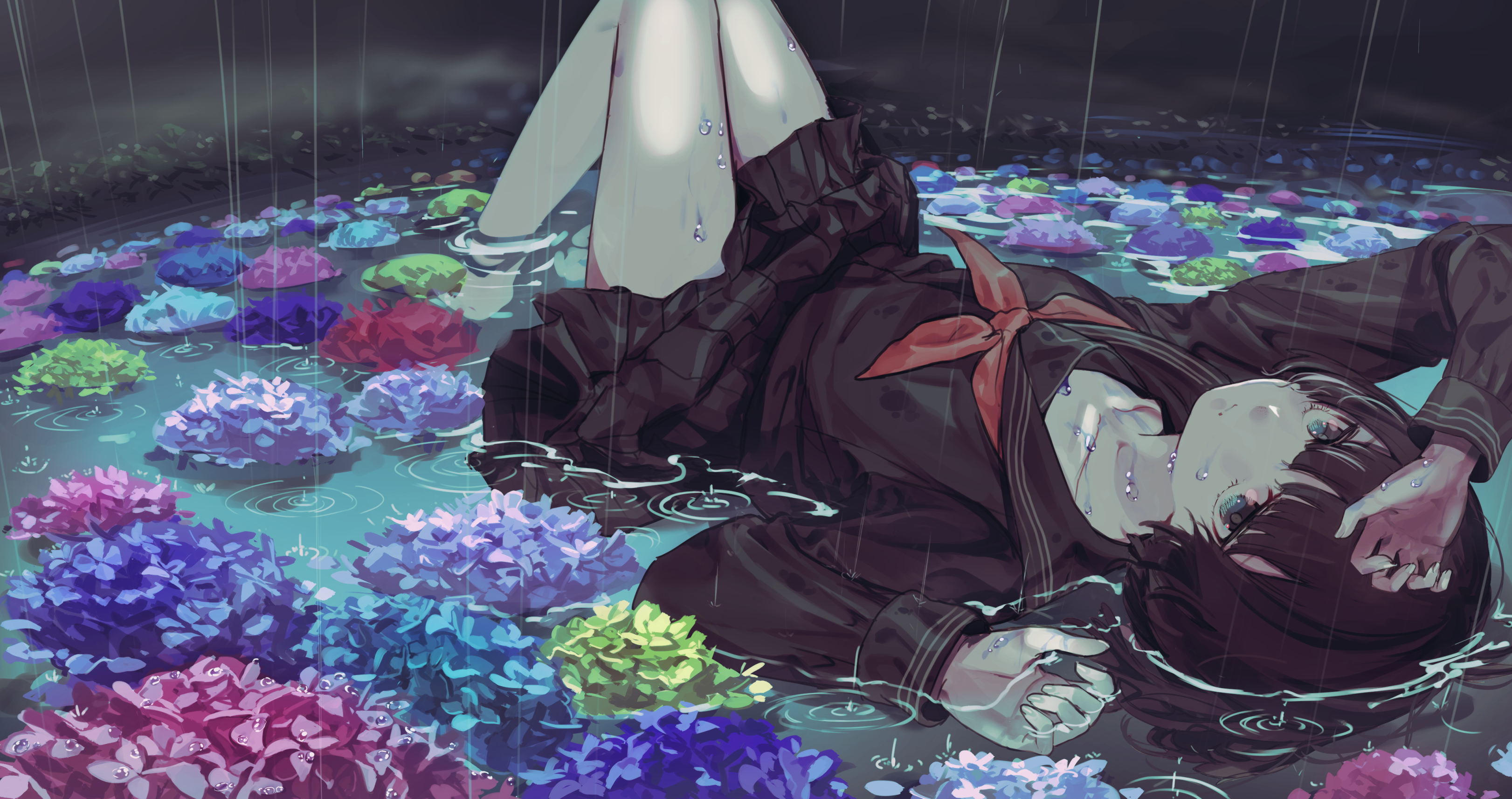 Anime Anime Girls In Water Rain Sailor Uniform Black Hair Short Hair Dark Eyes Water Drops Flowers P 3243x1714