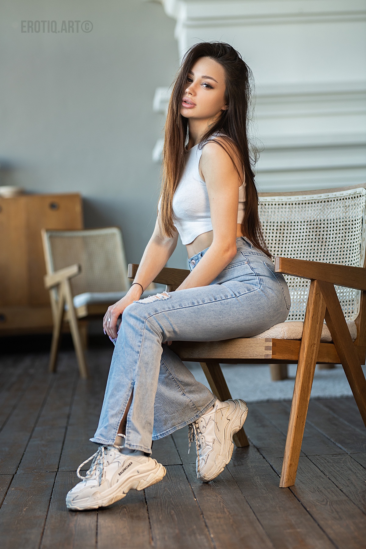 Aleksandr Margolin Women Brunette Long Hair Tank Top Jeans Sneakers Chair 1200x1800