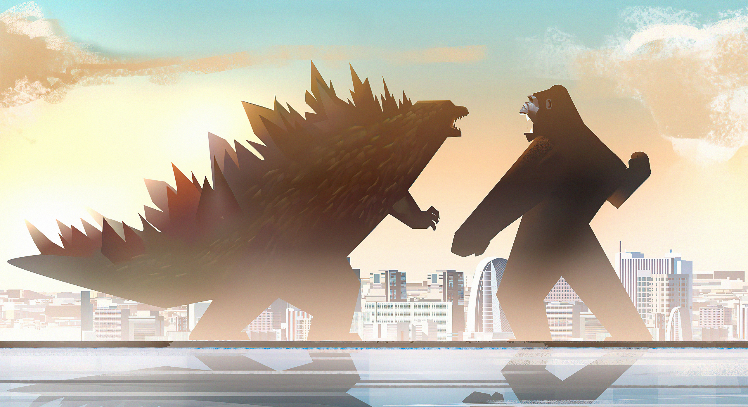 Creature Battle King Kong Godzilla Digital Art 2560x1392
