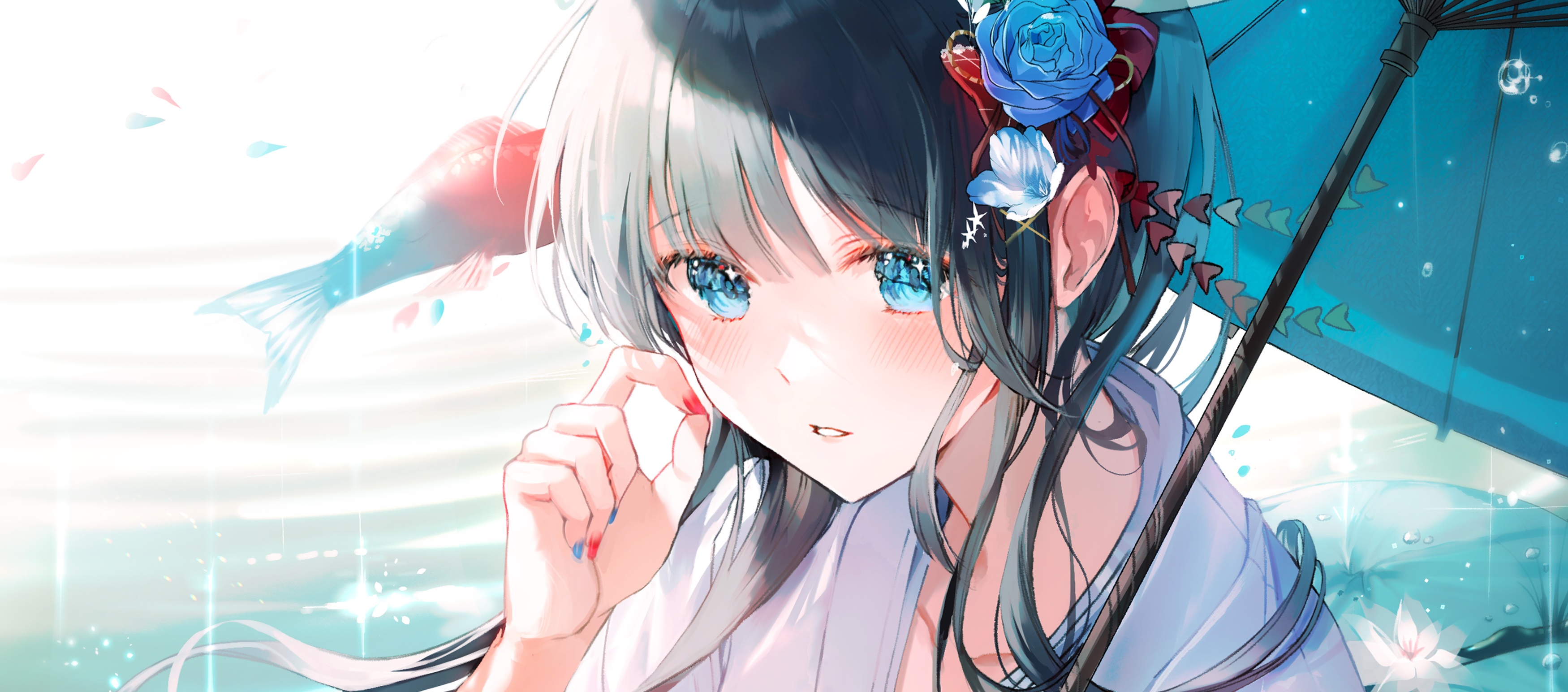Anime Anime Girls 2SHAM Artwork Dark Hair Blue Eyes Cropped 3500x1544