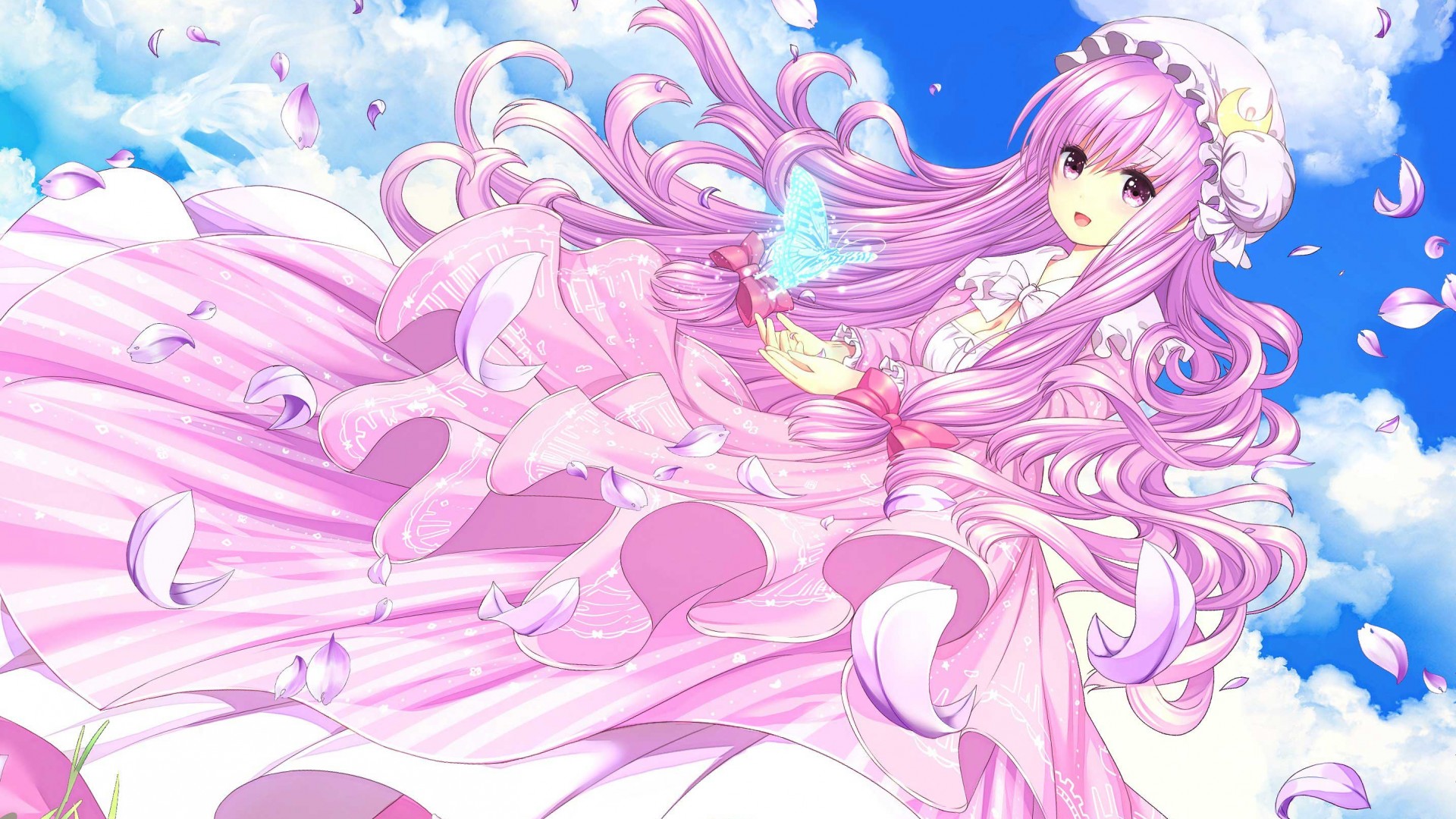 Touhou Patchouli Knowledge Butterflies Long Hair Wavy Hair Dress Pink Sky Clouds Anime Girls 1920x1080
