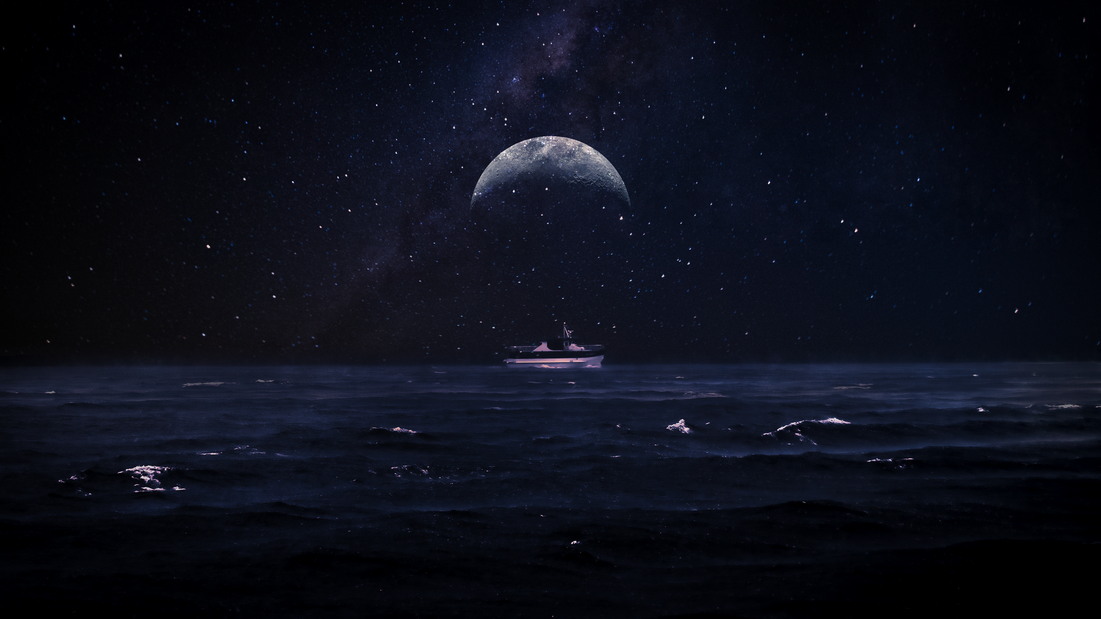 Stars Night Moon Sea Boat Water Landscape Space Planet Surface 3704x2084