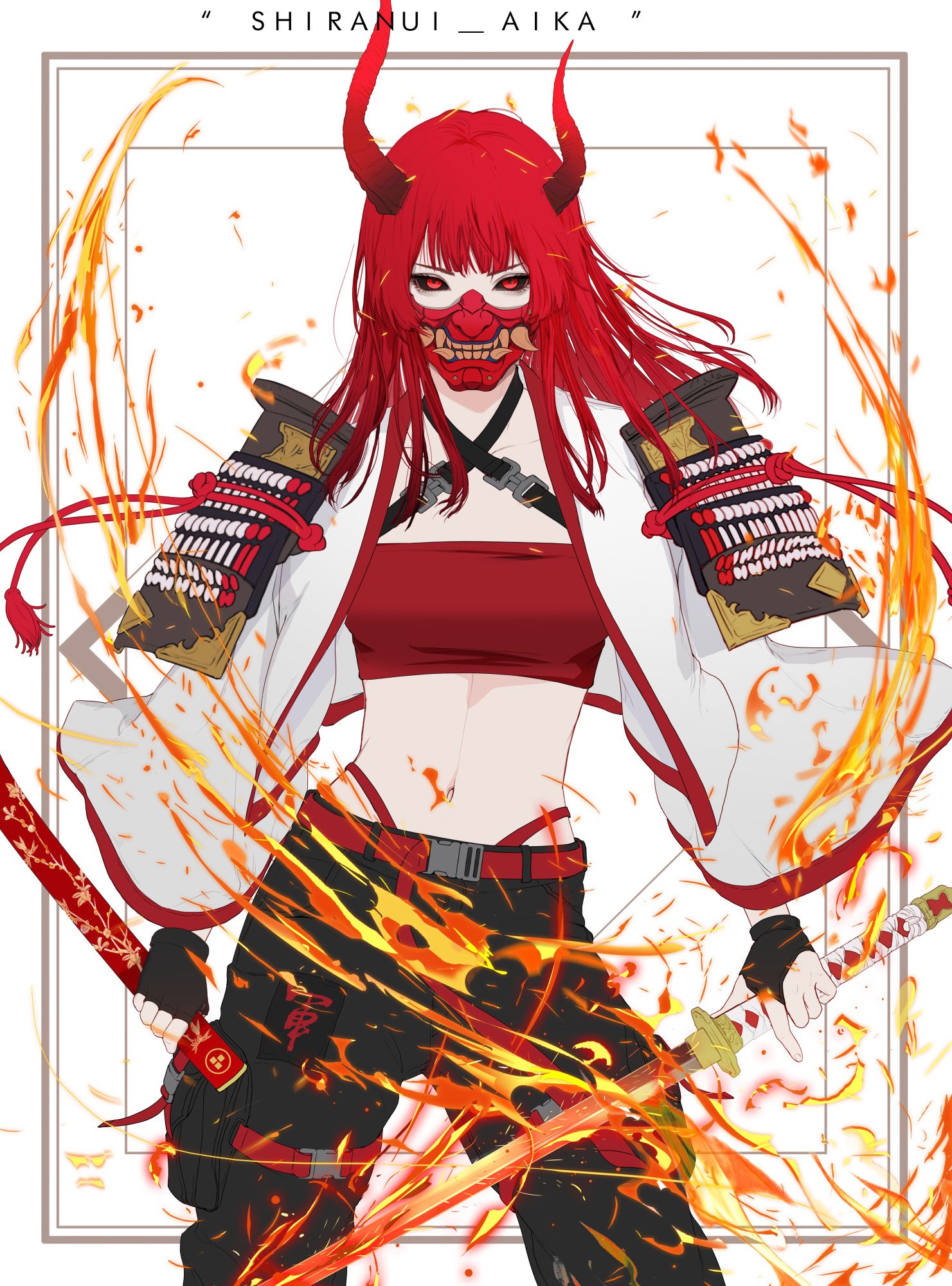 Park JunKyu Anime Girls Anime Demon Horns Horns Redhead Red Eyes Fire 1481x2000