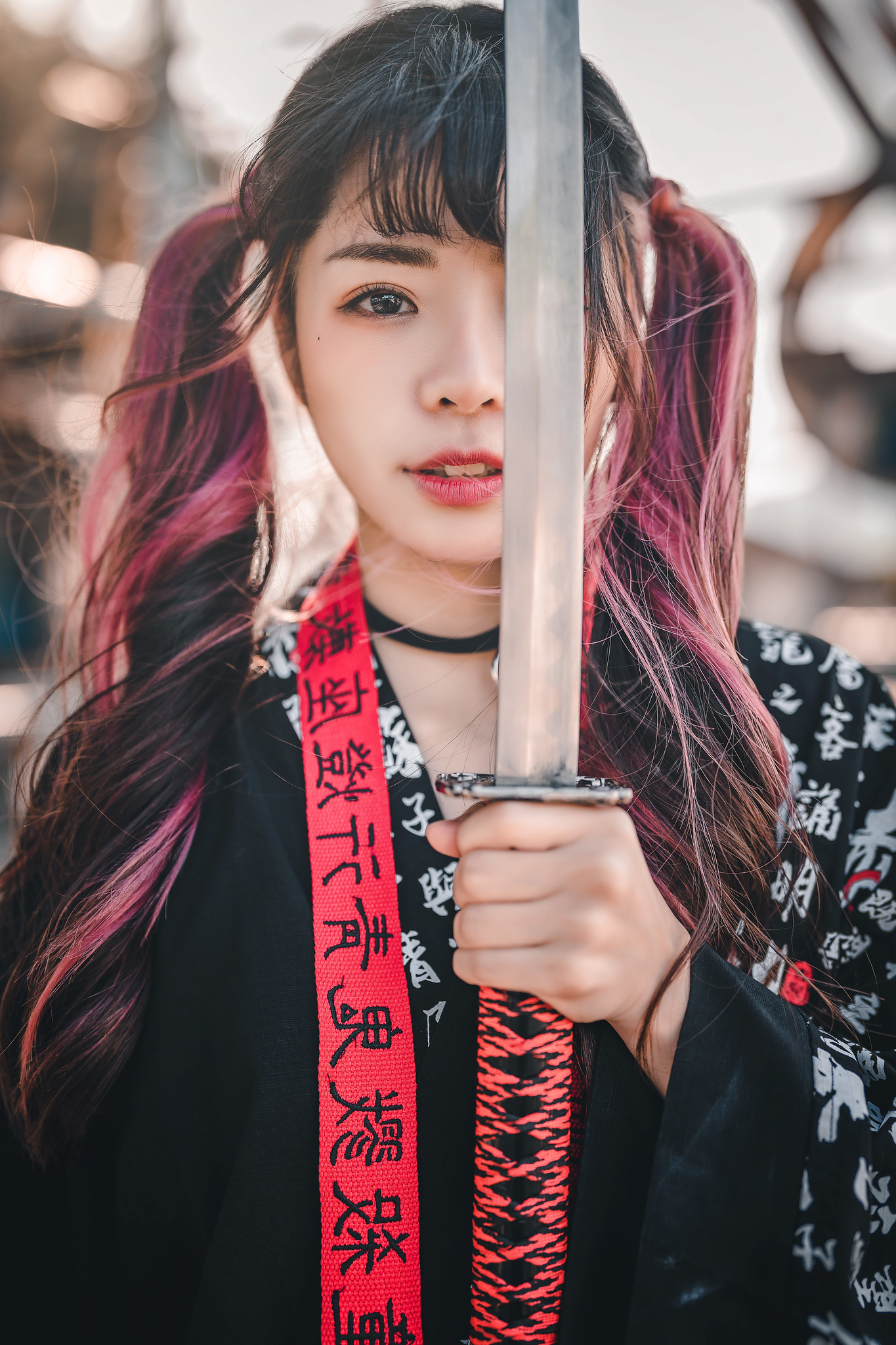 Asian Women Model Sword Weapon Katana Dyed Hair Face Looking At Viewer Dark Eyes Red Lipstick 1365x2048