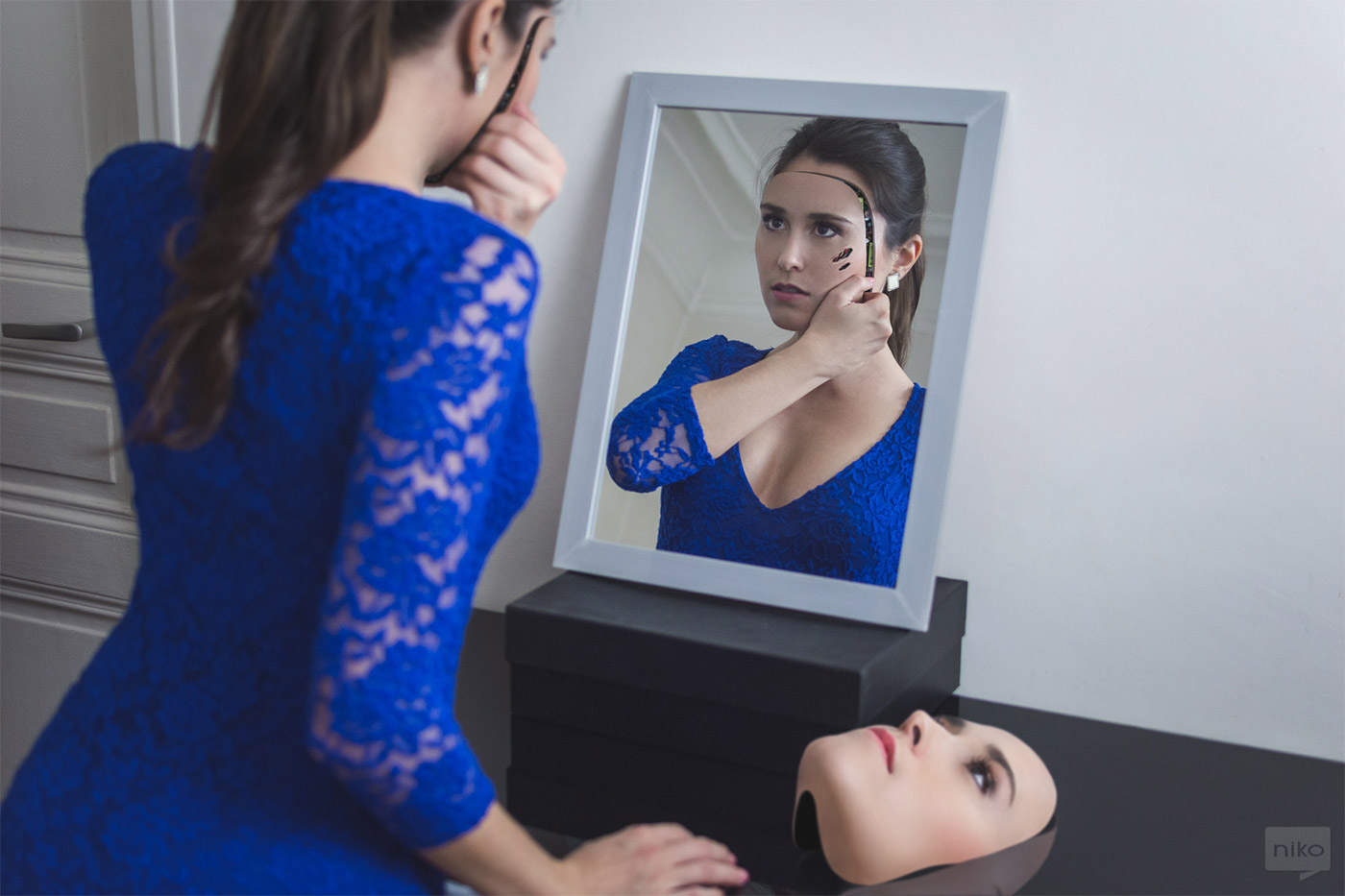 Women Model Brunette Long Hair Photo Manipulation Face Mirror Blue Dress Niko Photographisme Robot M 1400x933
