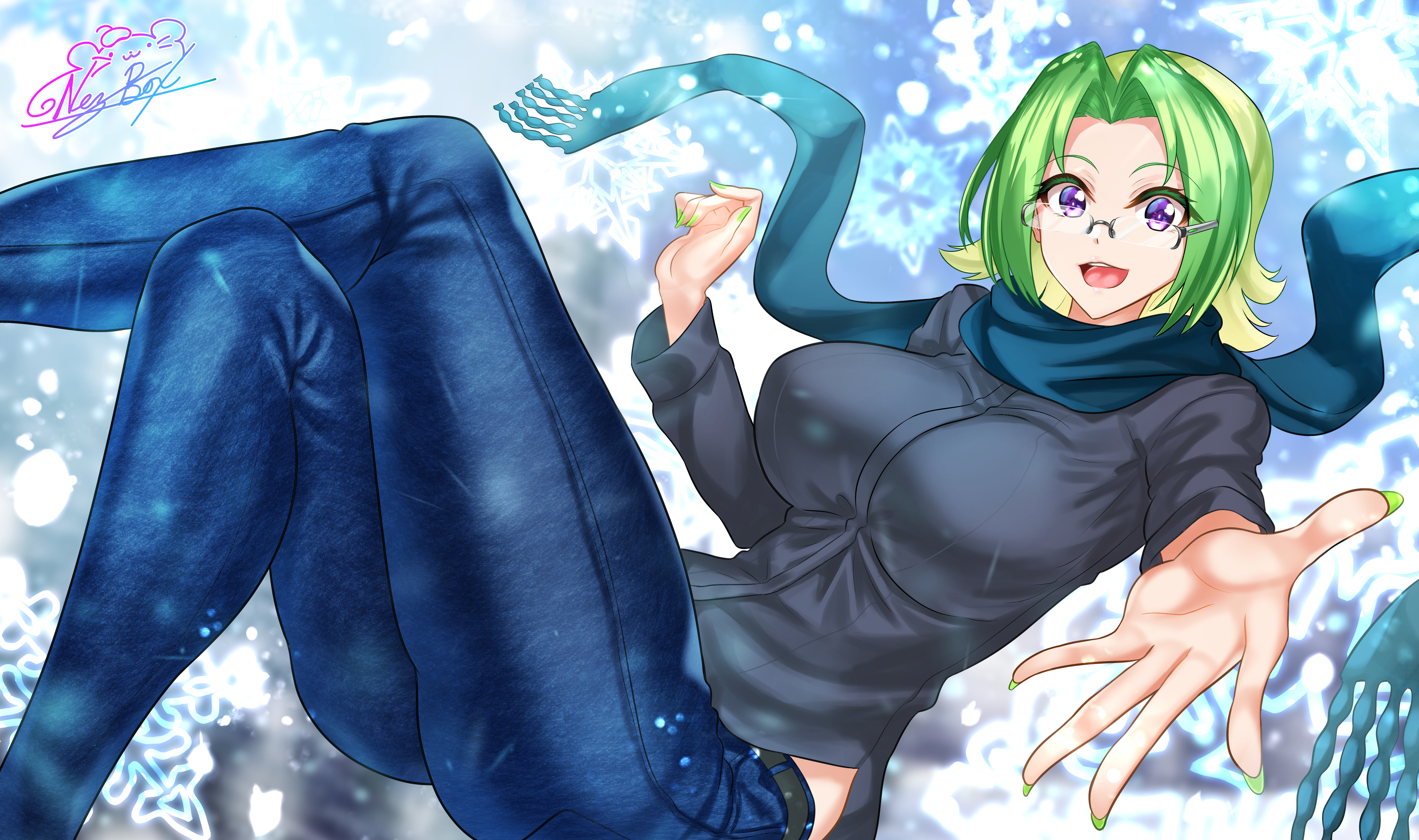 Nez Box Lying Down Anime Anime Girls Green Hair Winter Scarf 5787x3425