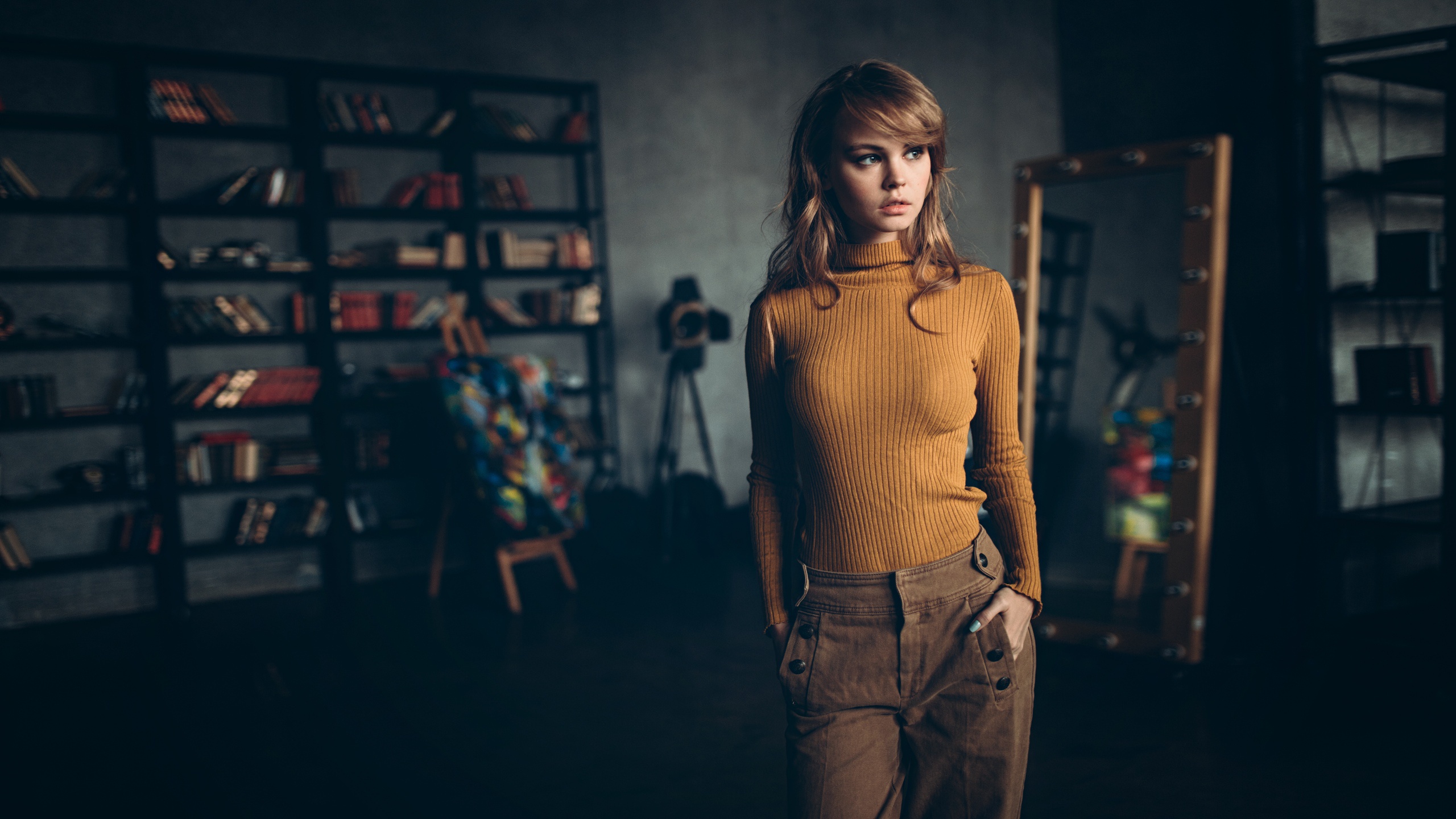 Alexey Kishechkin Women Model Women Indoors Looking Away Brunette Sweater Standing Cyan Nails Painte 2560x1440