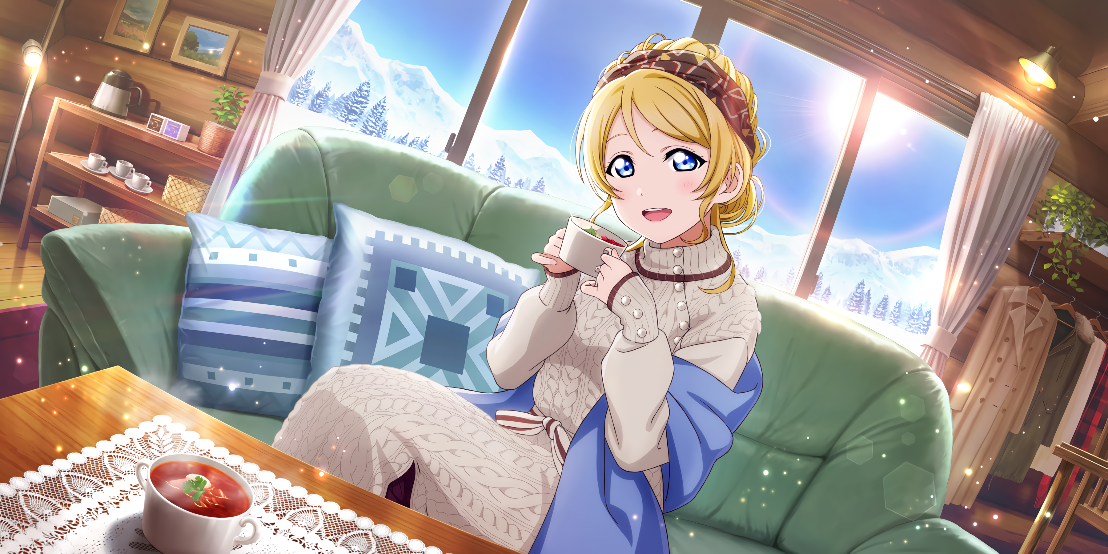 Ayase Eli Love Live Anime Girls Anime Cup Yellow Hair Women Indoors Indoors Sitting Looking At Viewe 3600x1800