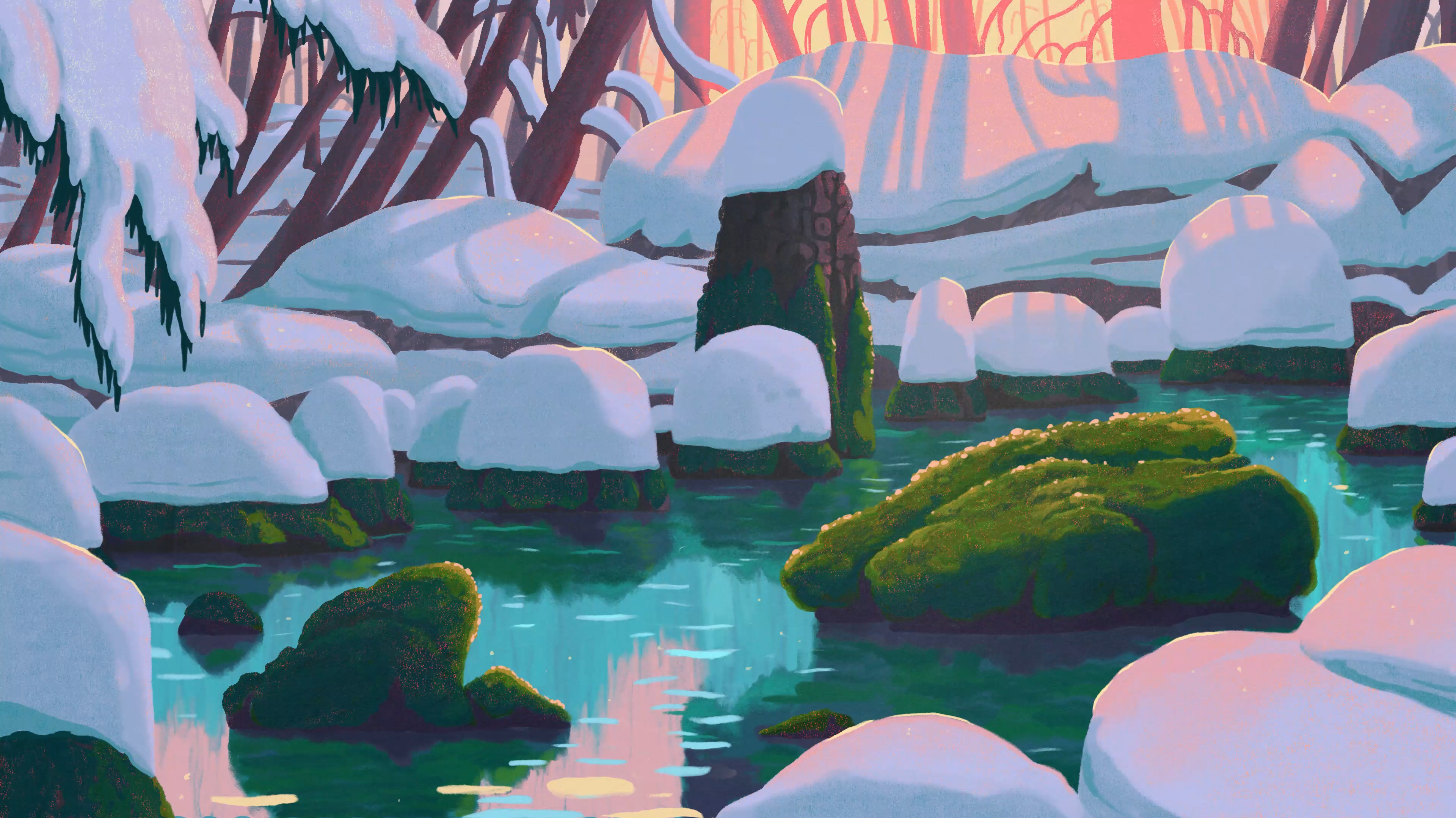 Water Snow Trees Rocks Moss Sean Lewis Lake Forest Sunset 3840x2160