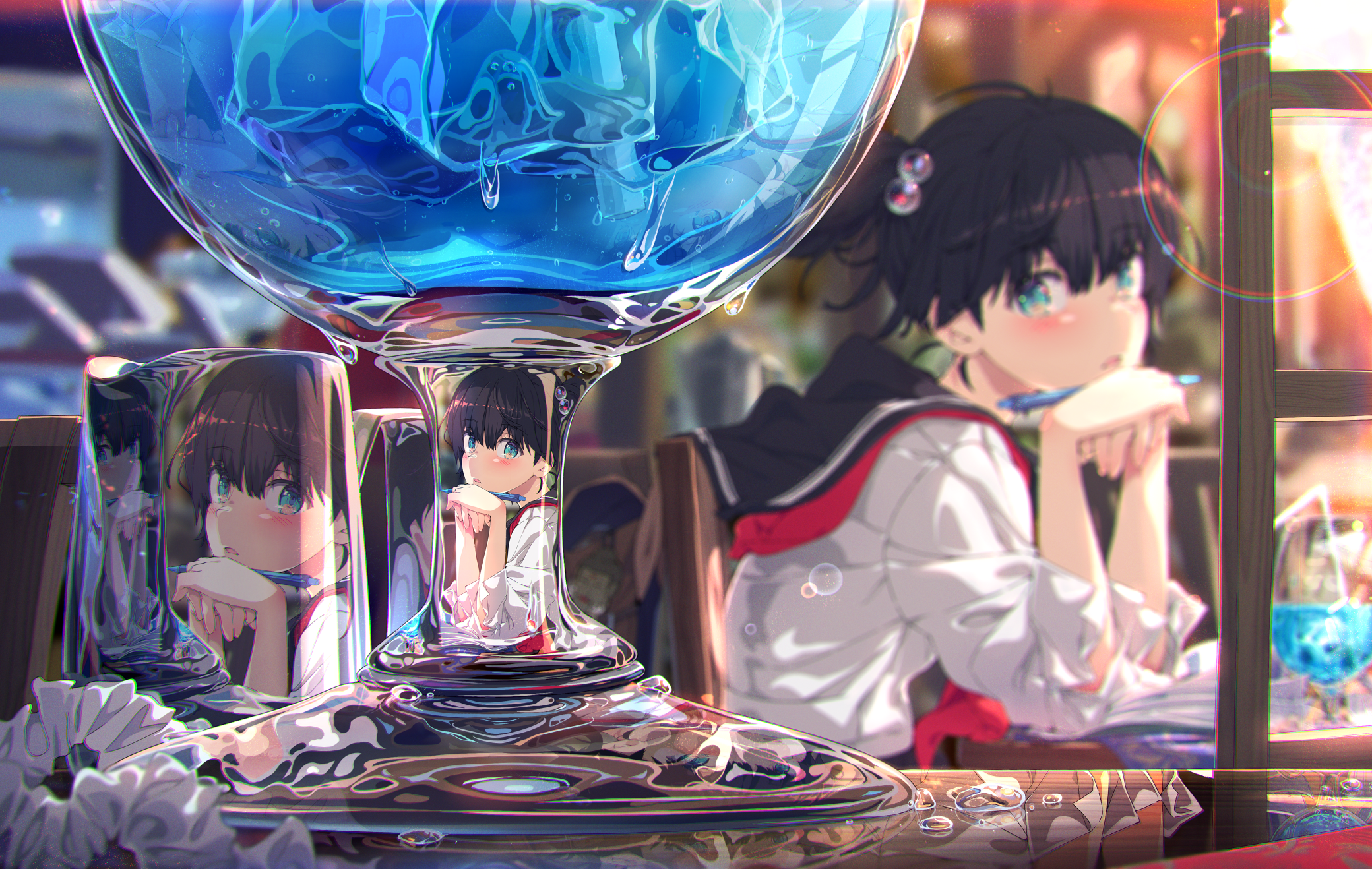 Anime Anime Girls Sailor Uniform Table Dark Hair Barrette Blue Eyes Depth Of Field Water Drops Ice P 2080x1318