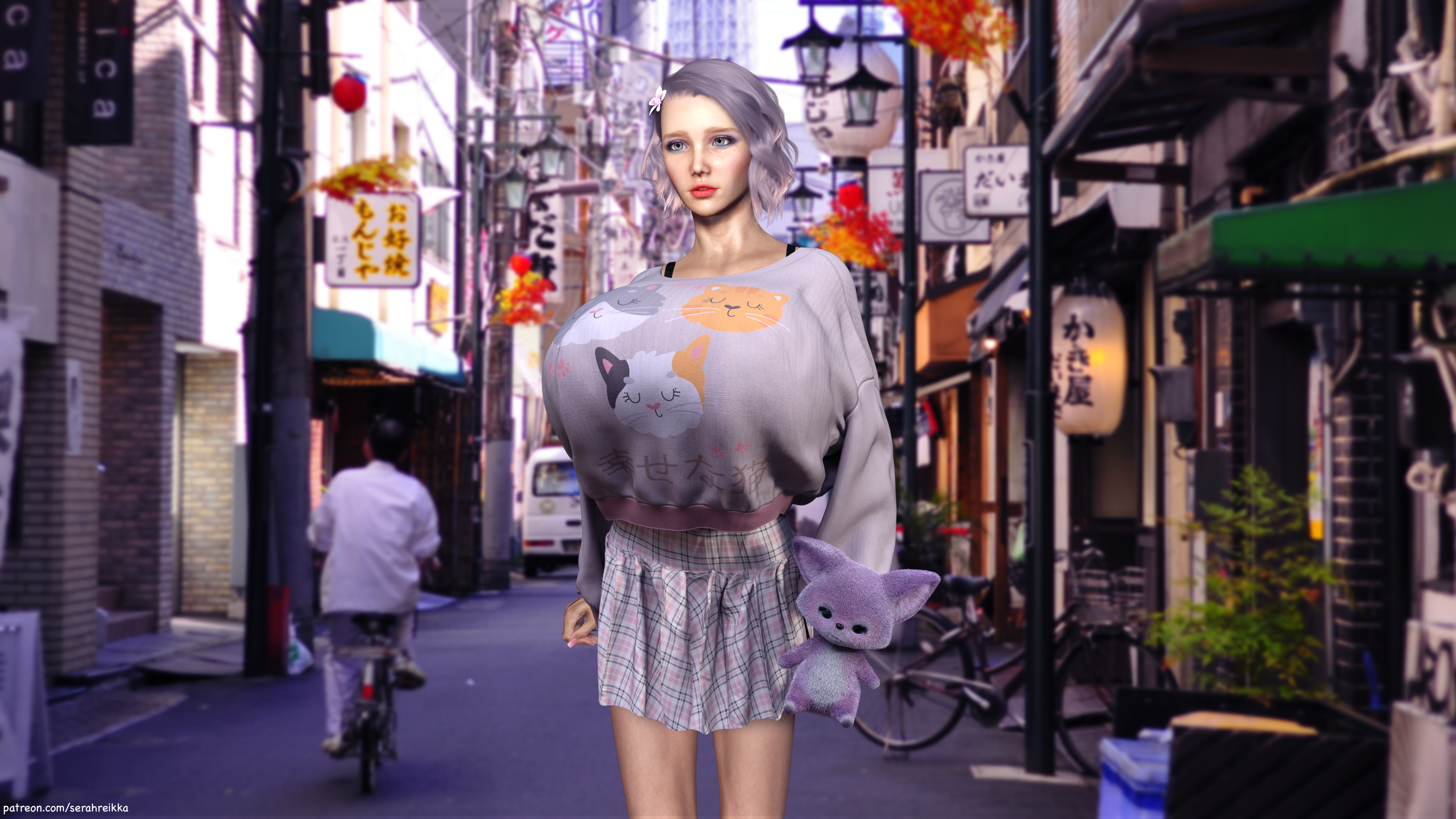 Virtual Model Blue Eyes Japan Tokyo Skirt CGi Women Animals 3D Render 3840x2160