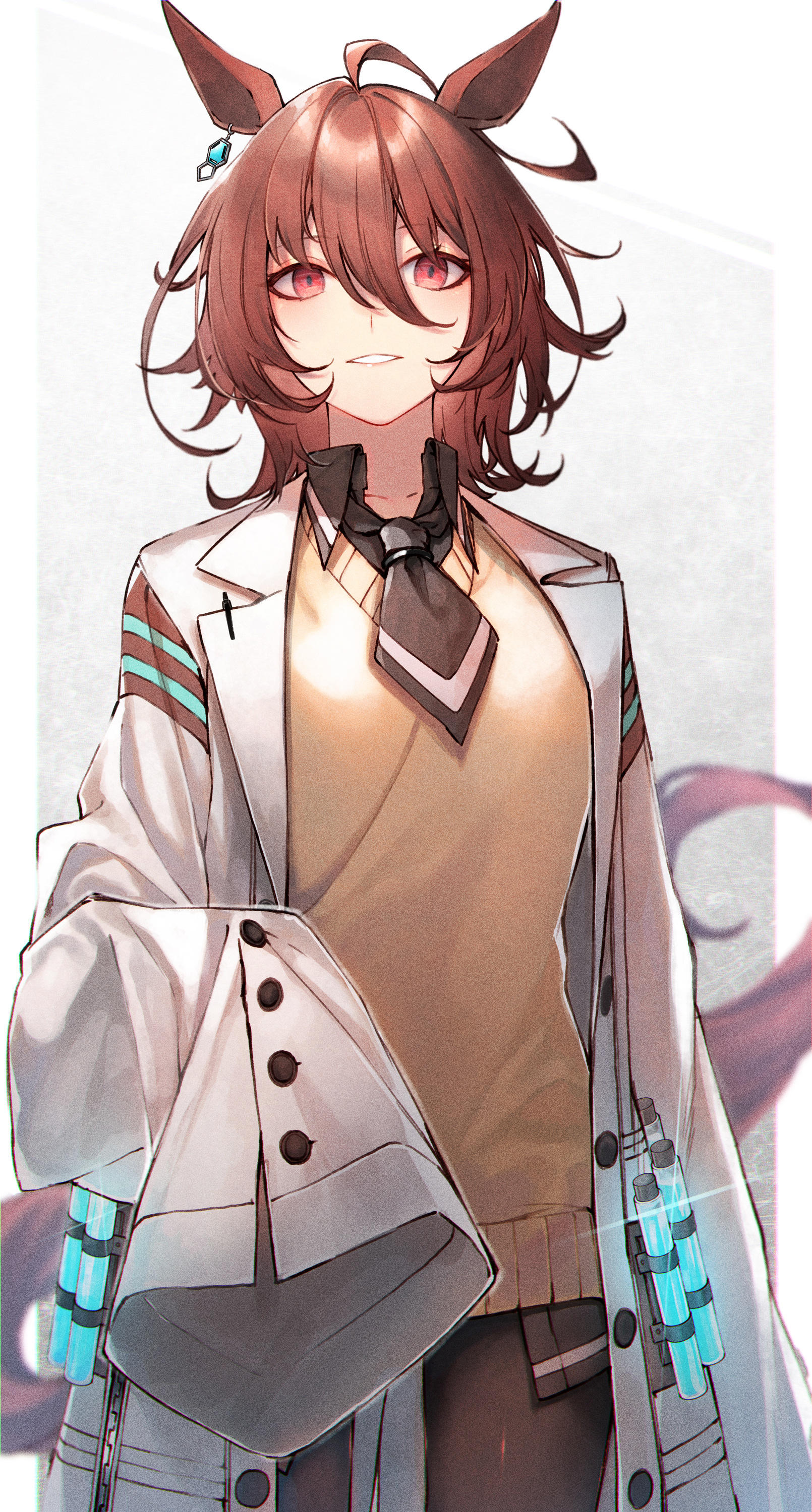 Uma Musume Pretty Derby Messy Hair Lab Coats Ahoge Jewelry Standing Parted Lips Red Eyes Hair In Fac 1610x3000