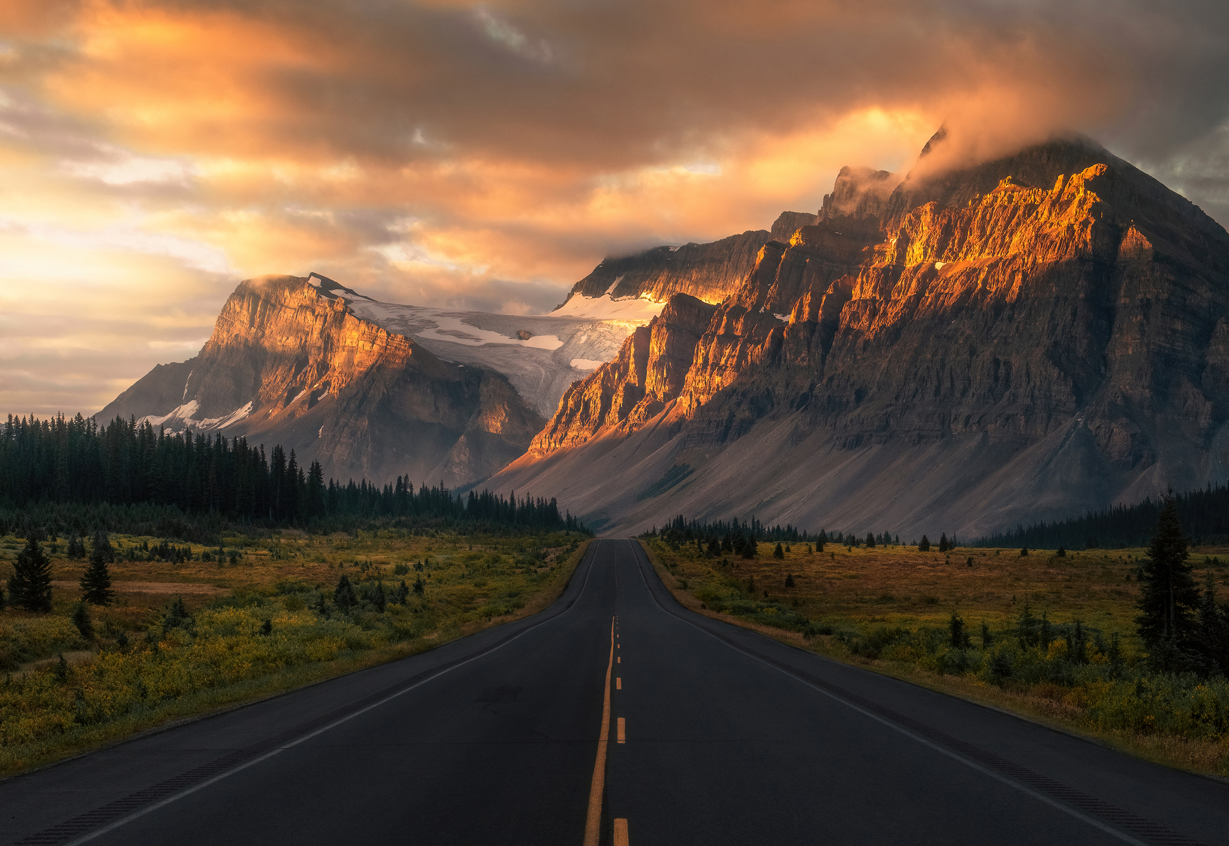 Landscape Road Nature Mountains Hills Sky Clouds Trees Grass Snow Highway Canada Banff National Park 2500x1720