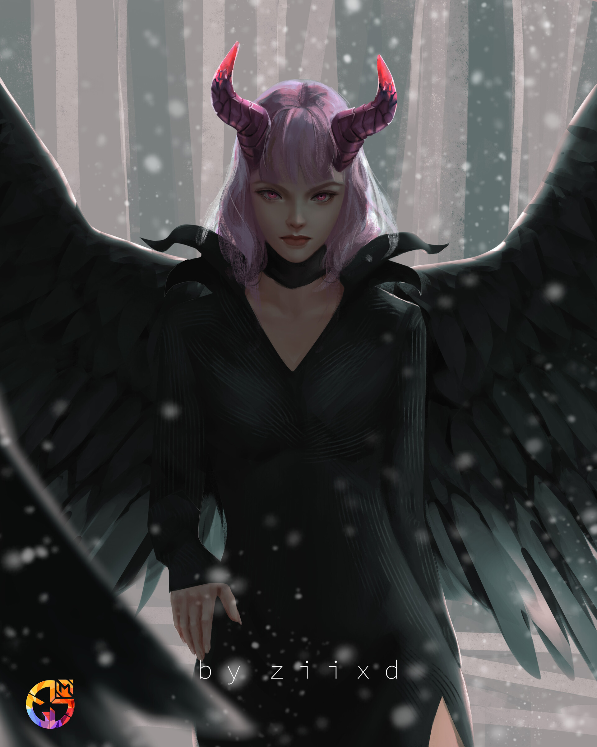 Ziixd Digital Art Digital Painting Artwork Pink Hair Black Clothing Wings Black Wings Women Malefice 1920x2402