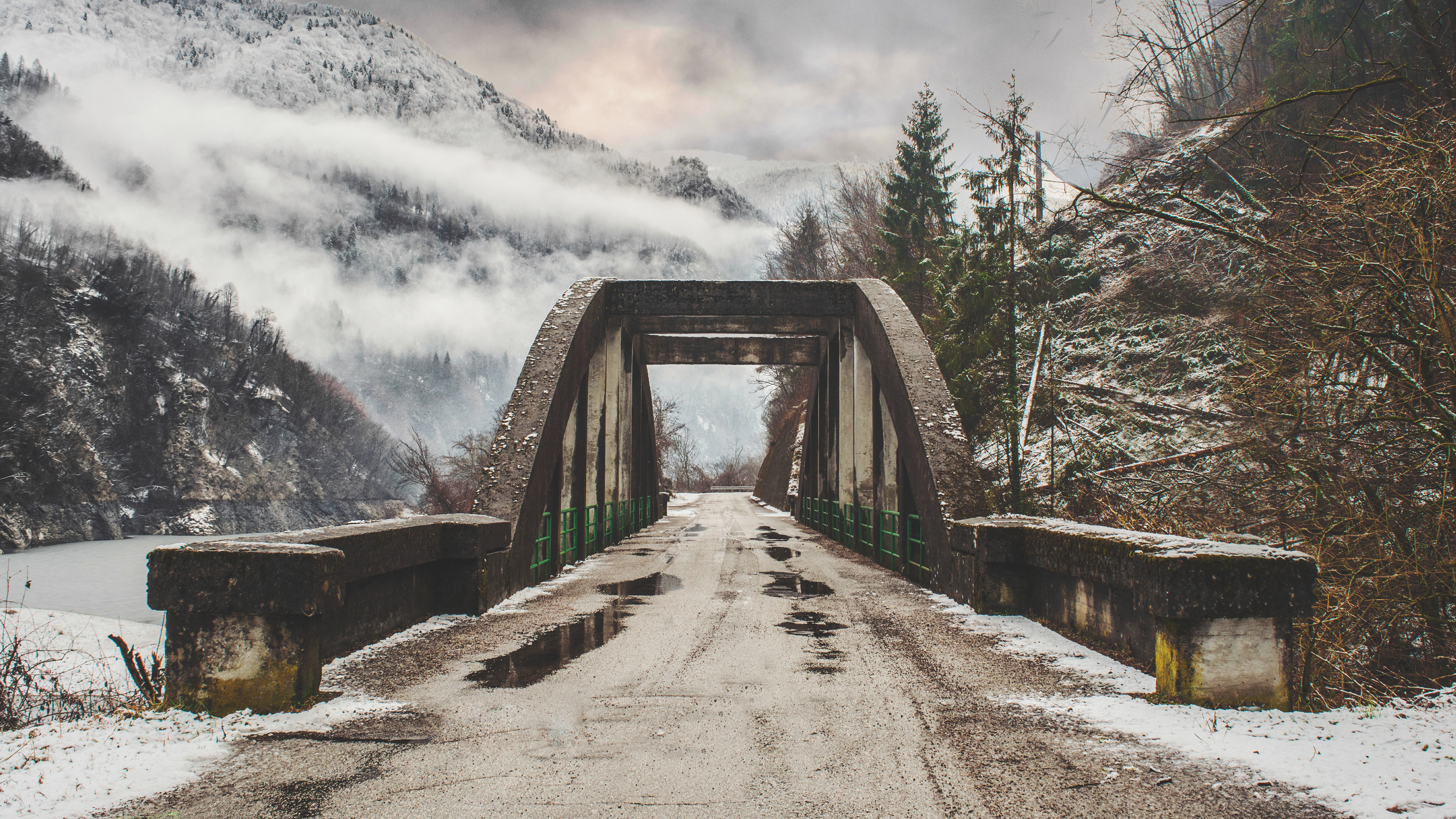 Bridge Road Snow Mountains Pine Trees Puddle Concrete Mist Federico Beccari Winter 3840x2160