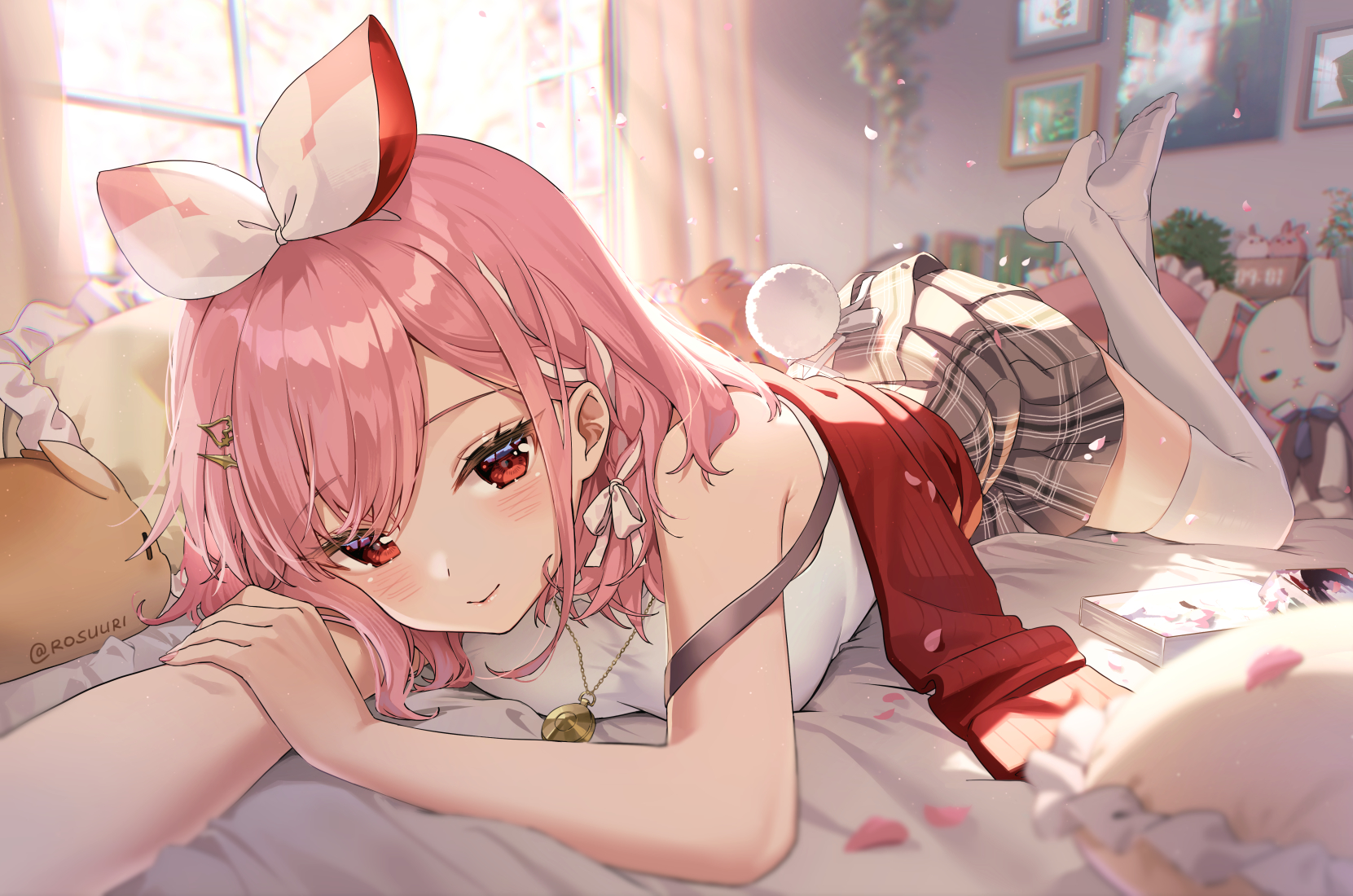 Anime Anime Girls Virtual Youtuber Pinku Vtuber Artwork Rosuuri Pink Hair Red Eyes 1661x1100