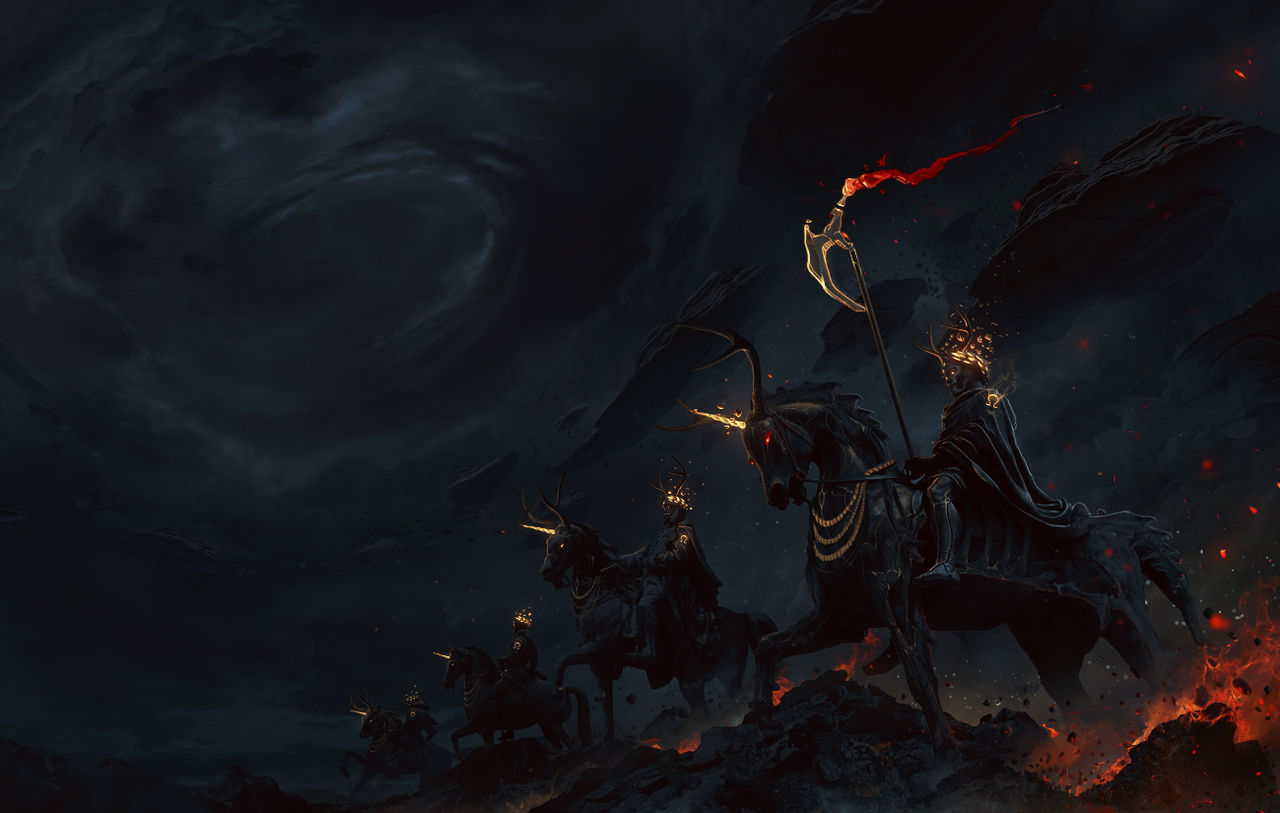 Photoshop Digital Art Dark Horseman Glowing Night Rocks Axe Horns Fire Men 1280x813