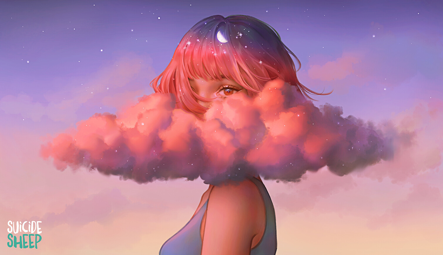 Artwork Women Clouds Space Karmen Loh Fantasy Art Pink Clouds Half Moon Stars Pink Hair 2D Short Hai 1508x868