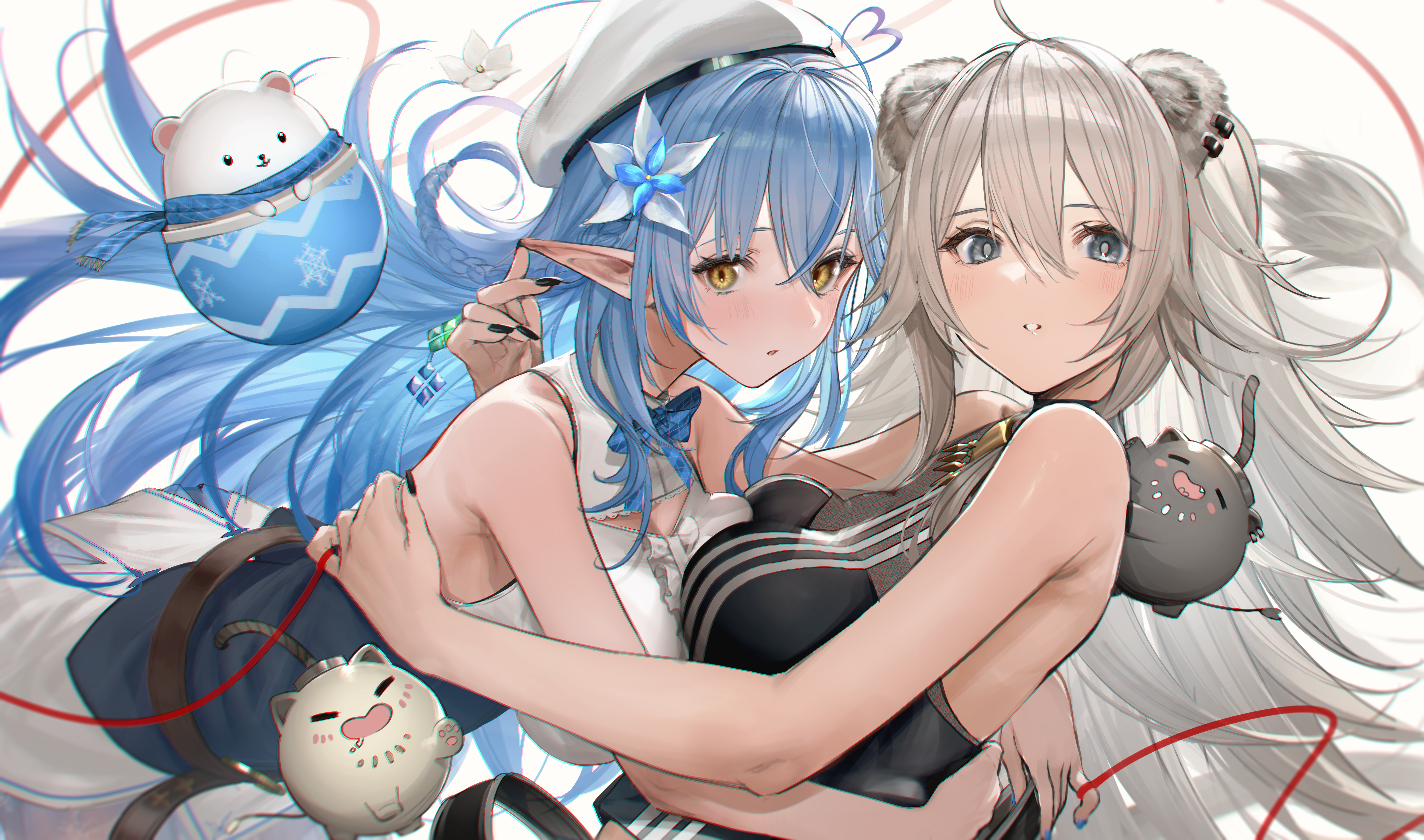Anime Anime Girls Hugging Animal Ears Pointy Ears Blue Hair Silver Hair Shishiro Botan Yukihana Lamy 8406x4961