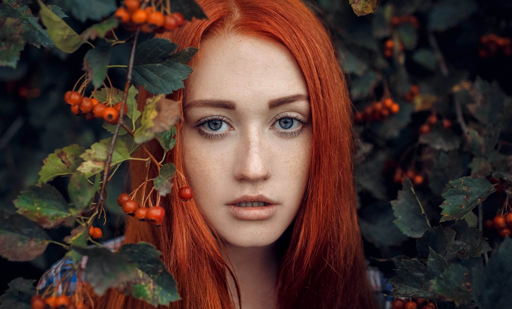 Woman Model Girl Redhead Freckles Berry Blue Eyes 2048x1237