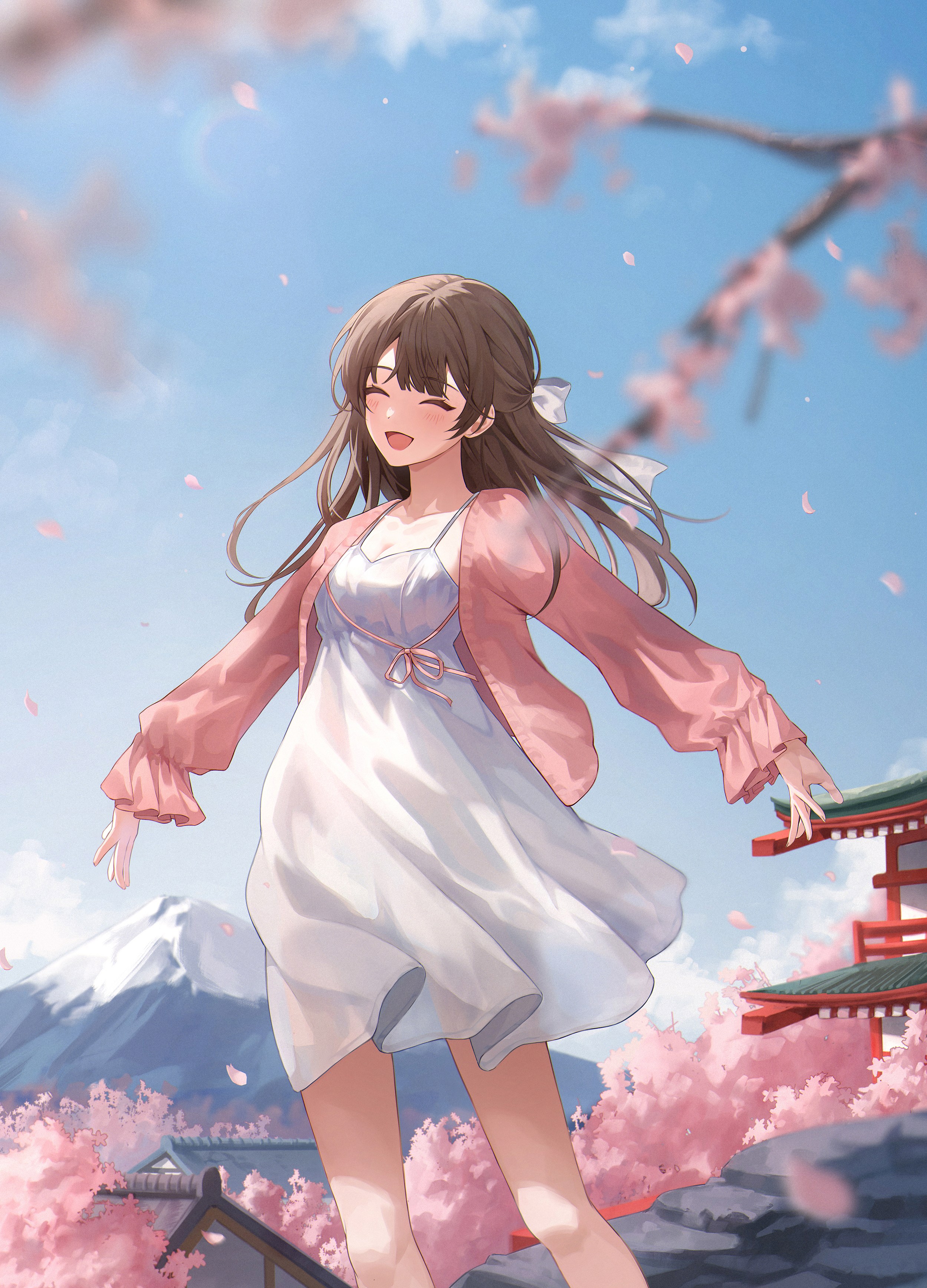 Anime Anime Girls Fruit Ade Artwork Cherry Blossom Brunette Dress Mount Fuji 2499x3471