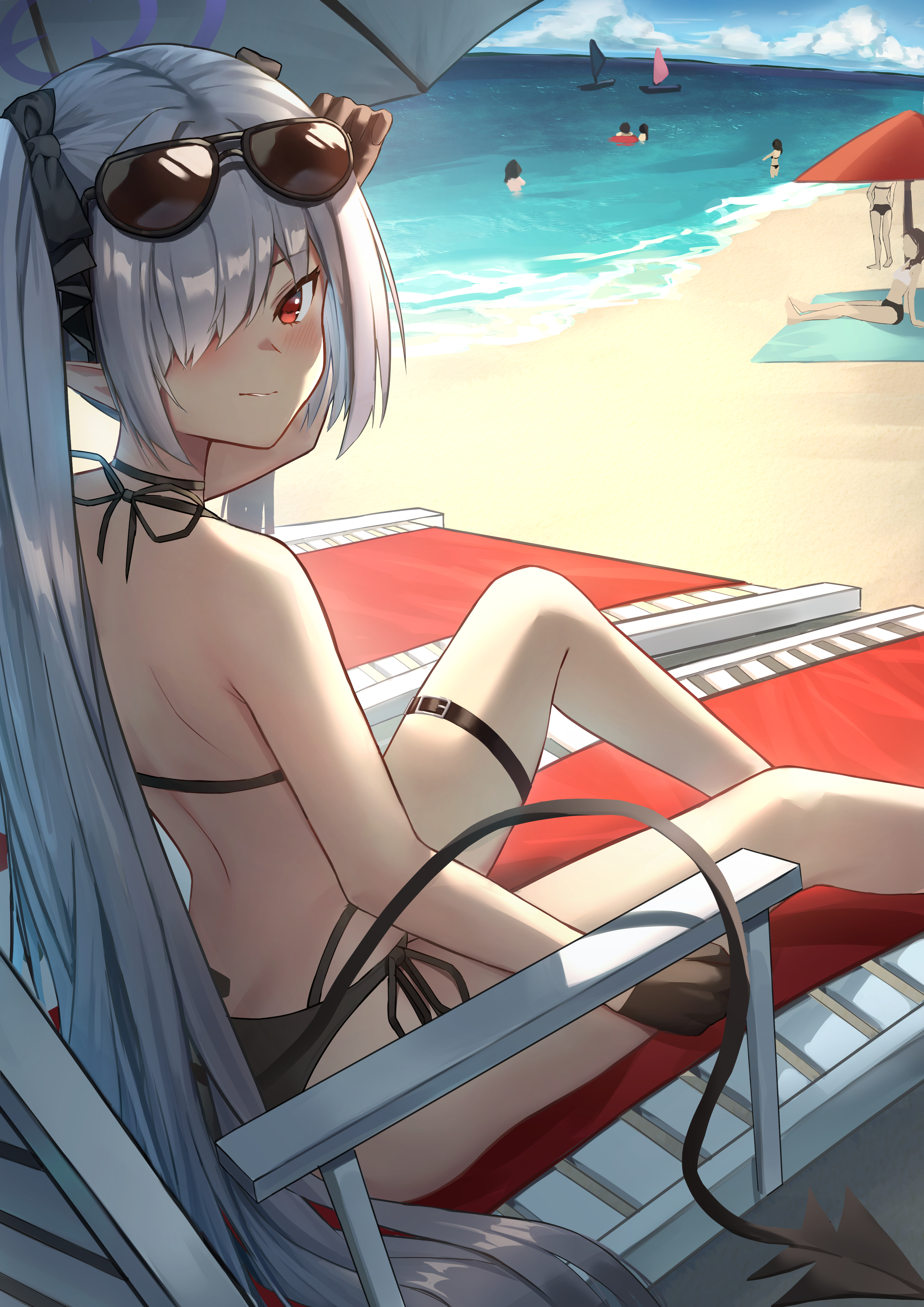 Blue Archive Iori Blue Archive Anime Girls Long Hair Silver Hair Red Eyes Twintails Beach Tail 2894x4093