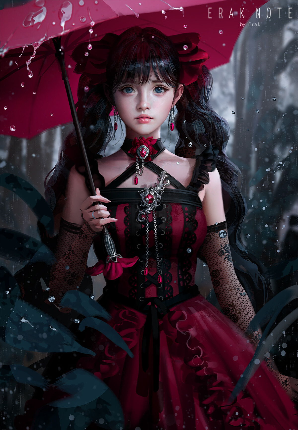 Erak Note Drawing Women Dark Hair Twintails Umbrella Rain Dress Red Clothing Wavy Hair 1200x1729