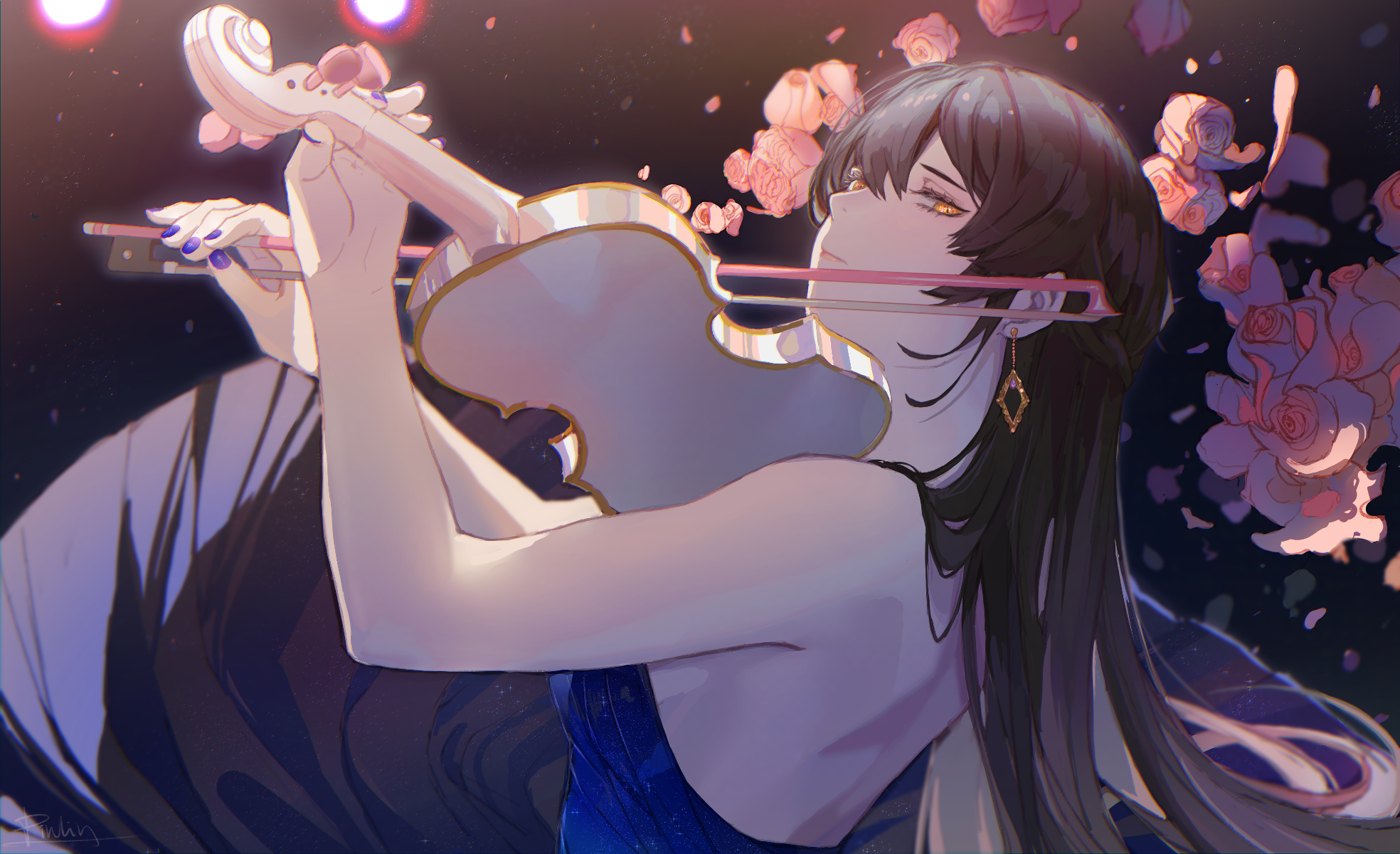 Violin Black Hair Long Hair Yellow Eyes Earrings 1968x1200