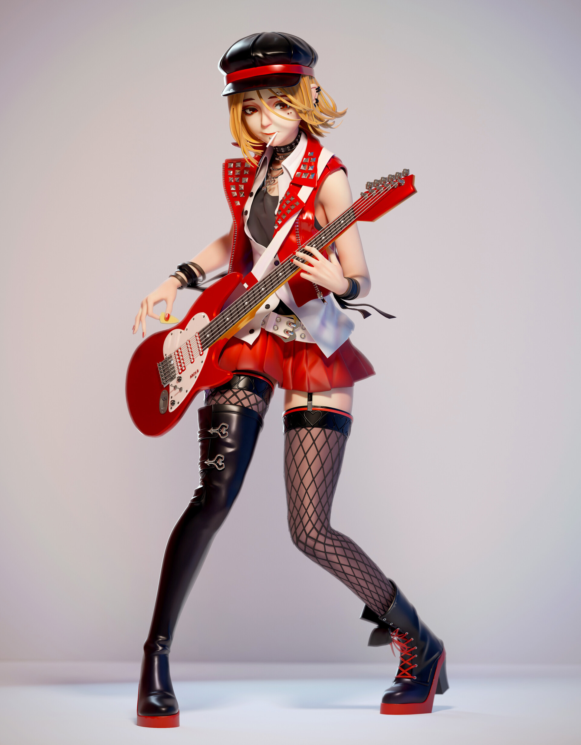 Digital 3D Graphics Women Boots Hat Guitar Simple Background Blonde Musical Instrument Women With Ha 1920x2460