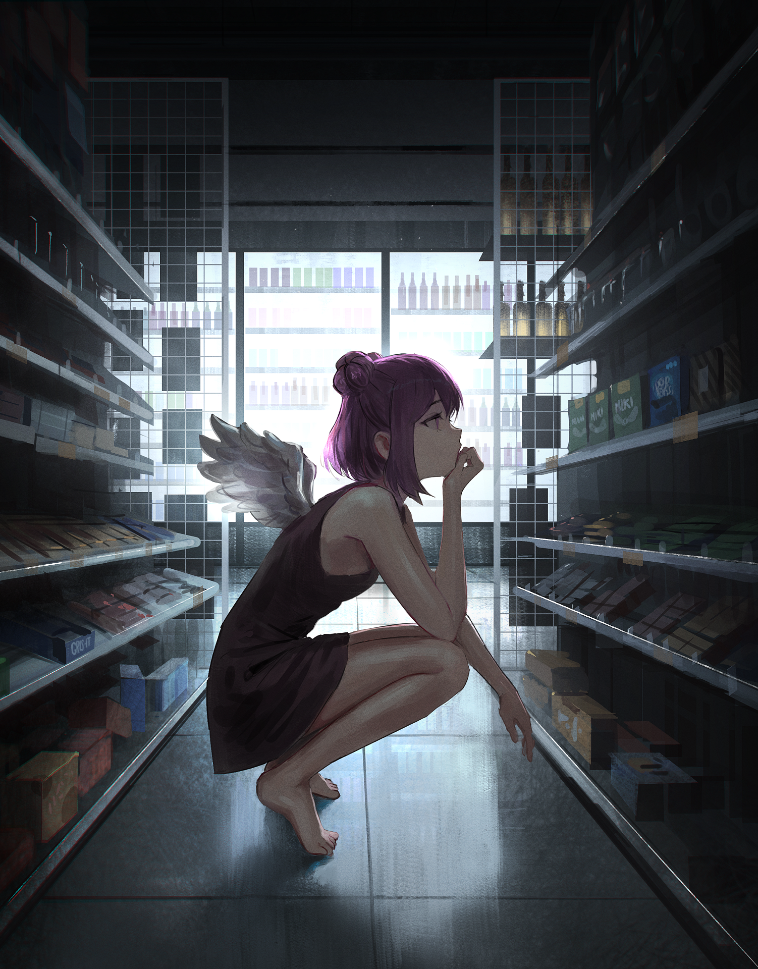 Anime Girls Purple Hair Wings Supermarket Barefoot Dress Dark Light Background 1502x1920