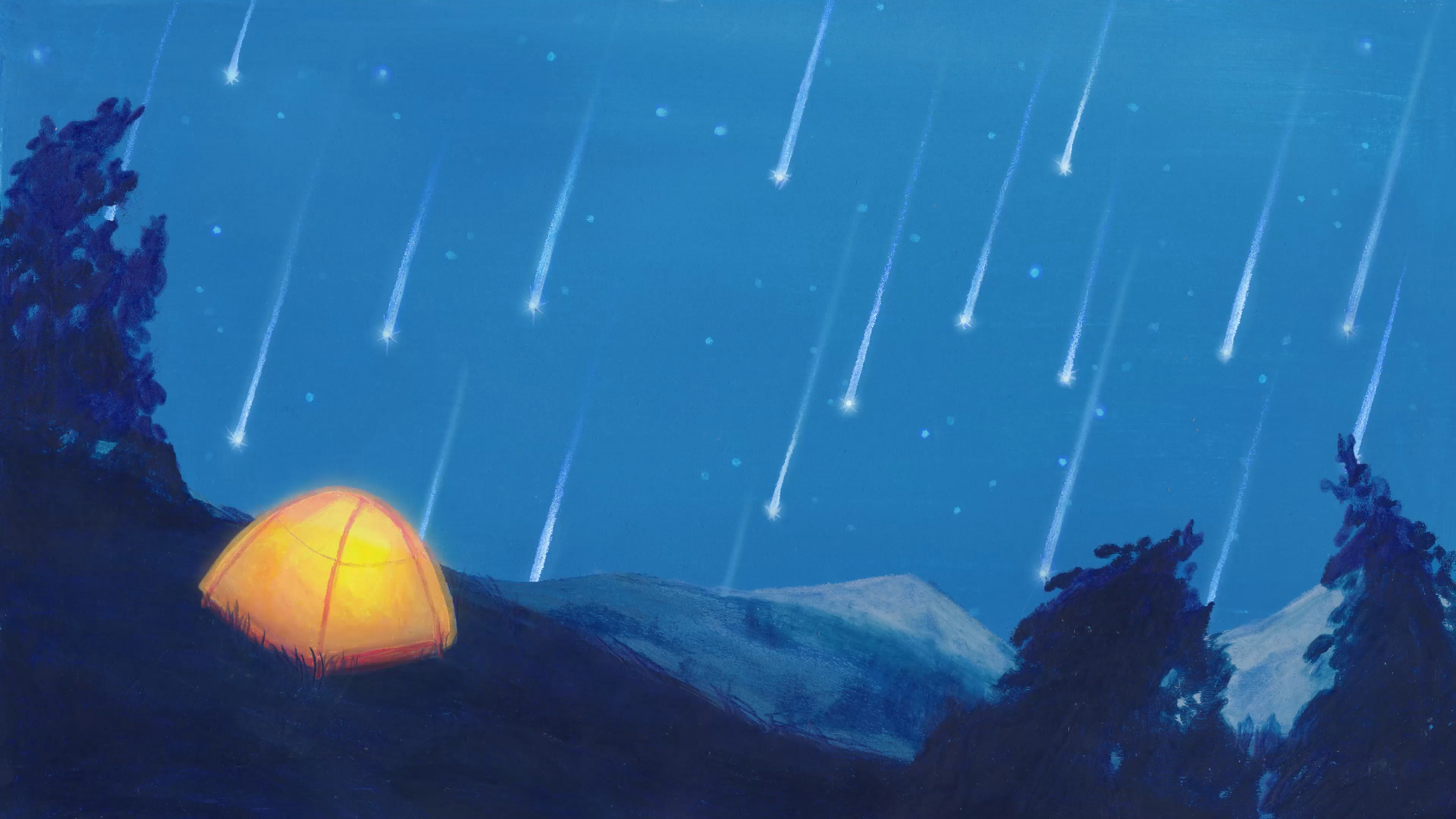 Shooting Stars Tent Trees Lights 3840x2160