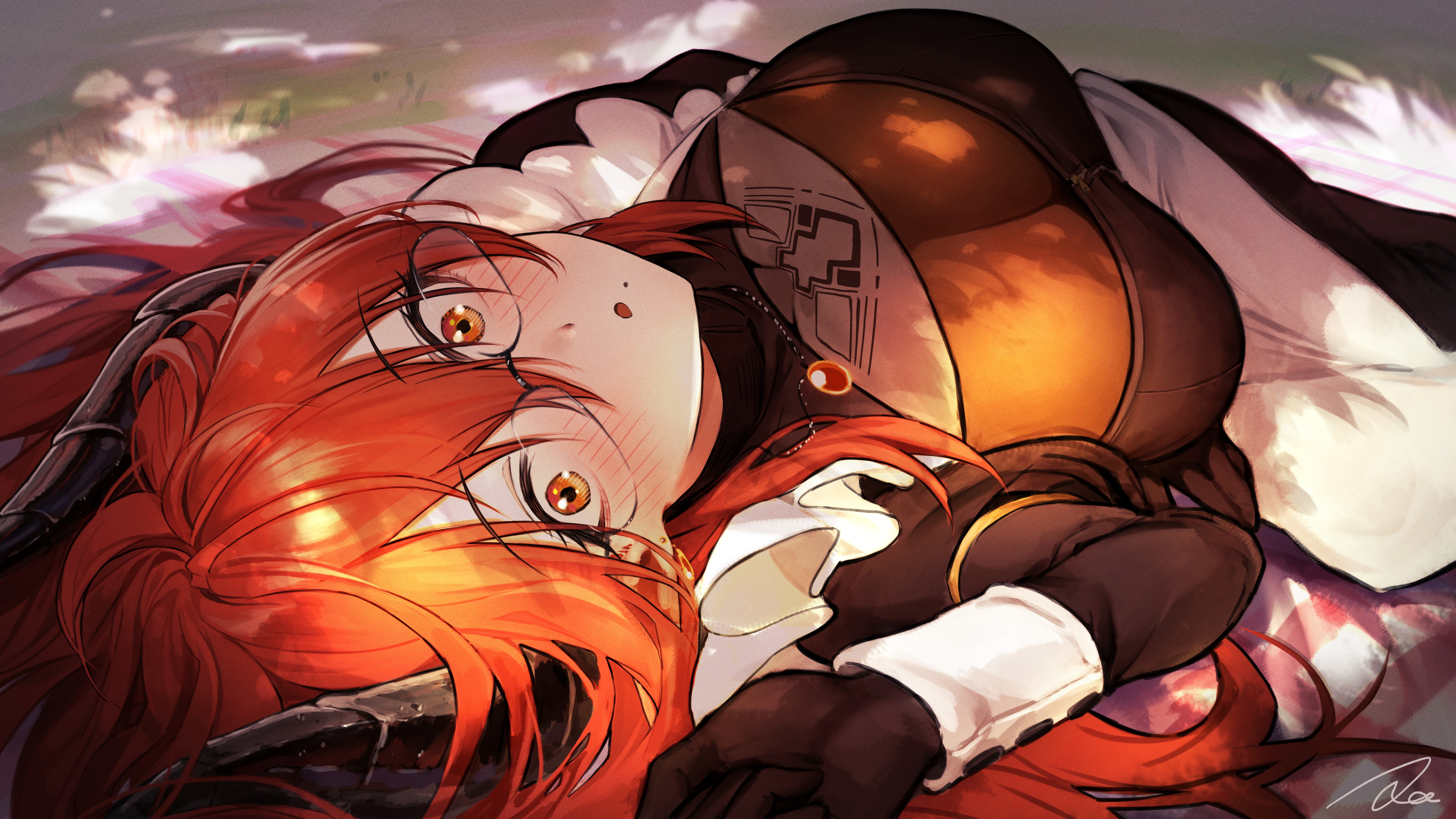 Anime Anime Girls Artwork Blushing Glasses Orange Eyes Redhead Horns Marse 6222x3500