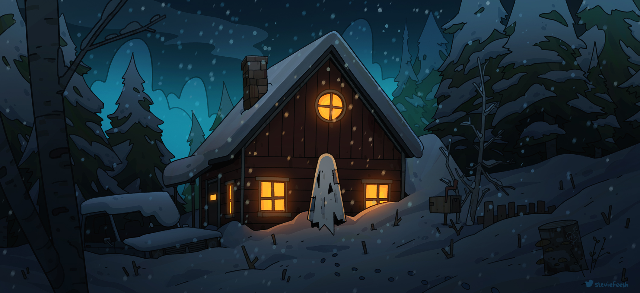 Steviefeesh Ghost Snow Trees Forest Cottage Chimneys Night 2121x972