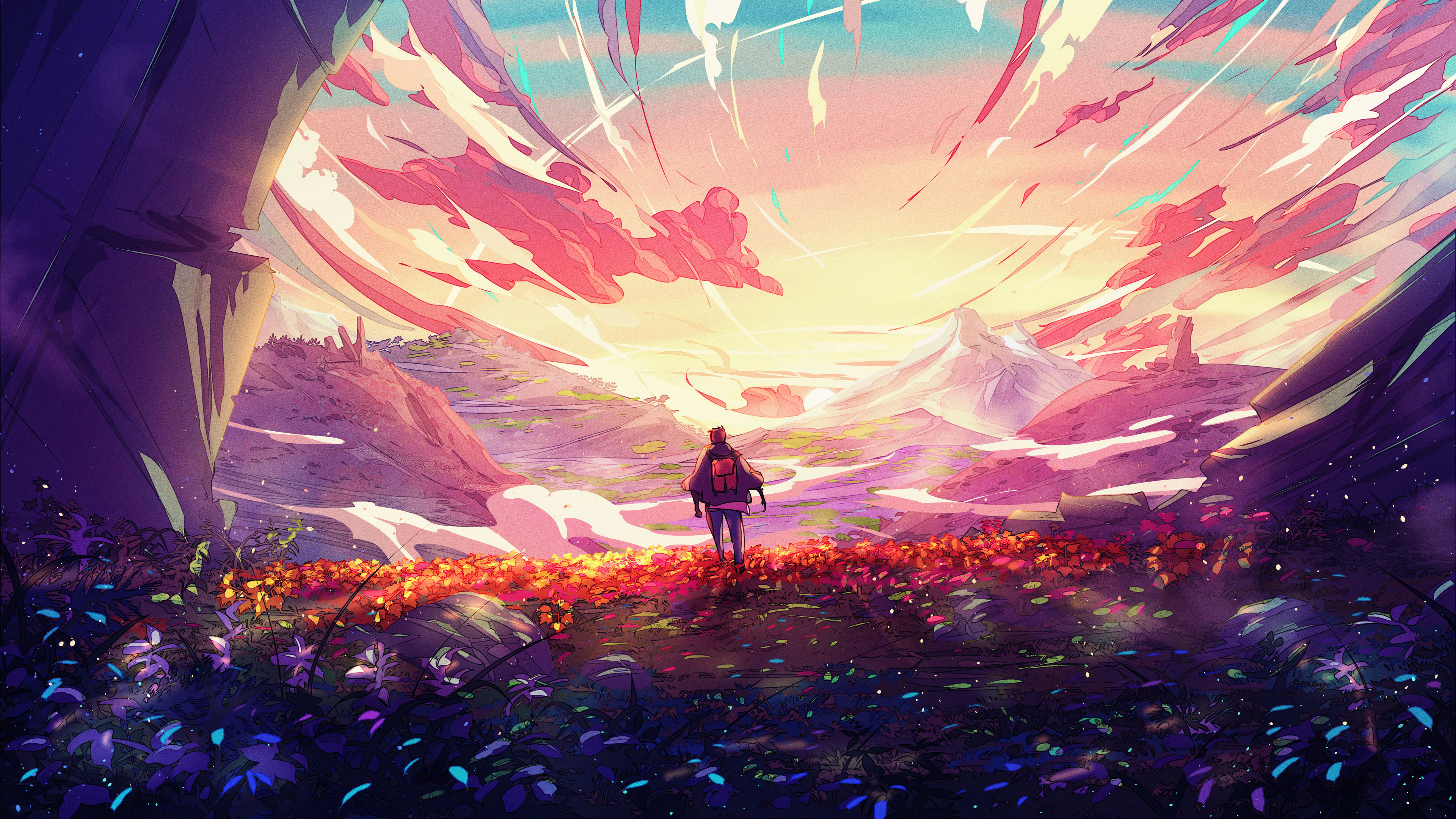 Christian Benavides Digital Art Fantasy Art Traveler Backpacks Clouds Sunrise Flowers Mountains 3840x2160