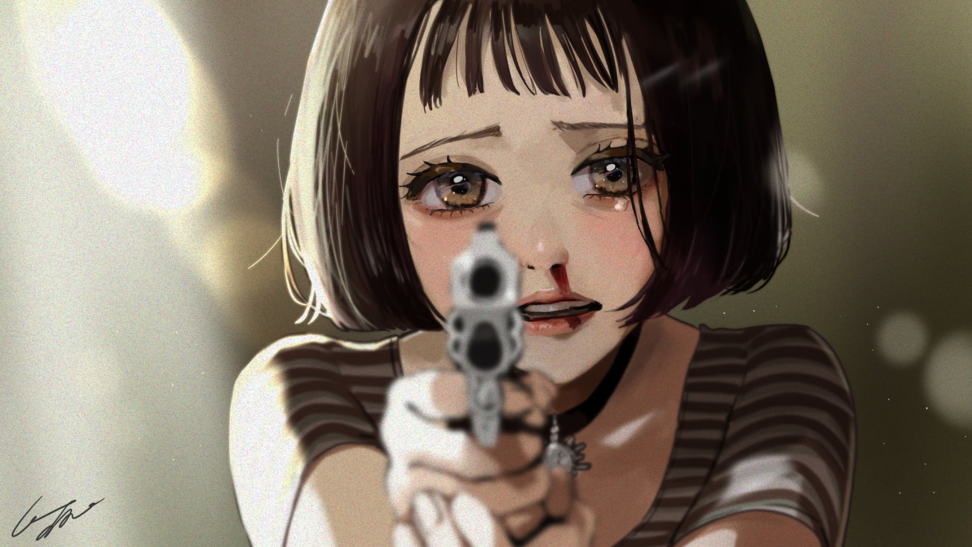 Anime Anime Girls Brunette Short Hair Bangs Brown Eyes Stripped Shirt Mathilda Leon Gun Nose Bleed C 1920x1080
