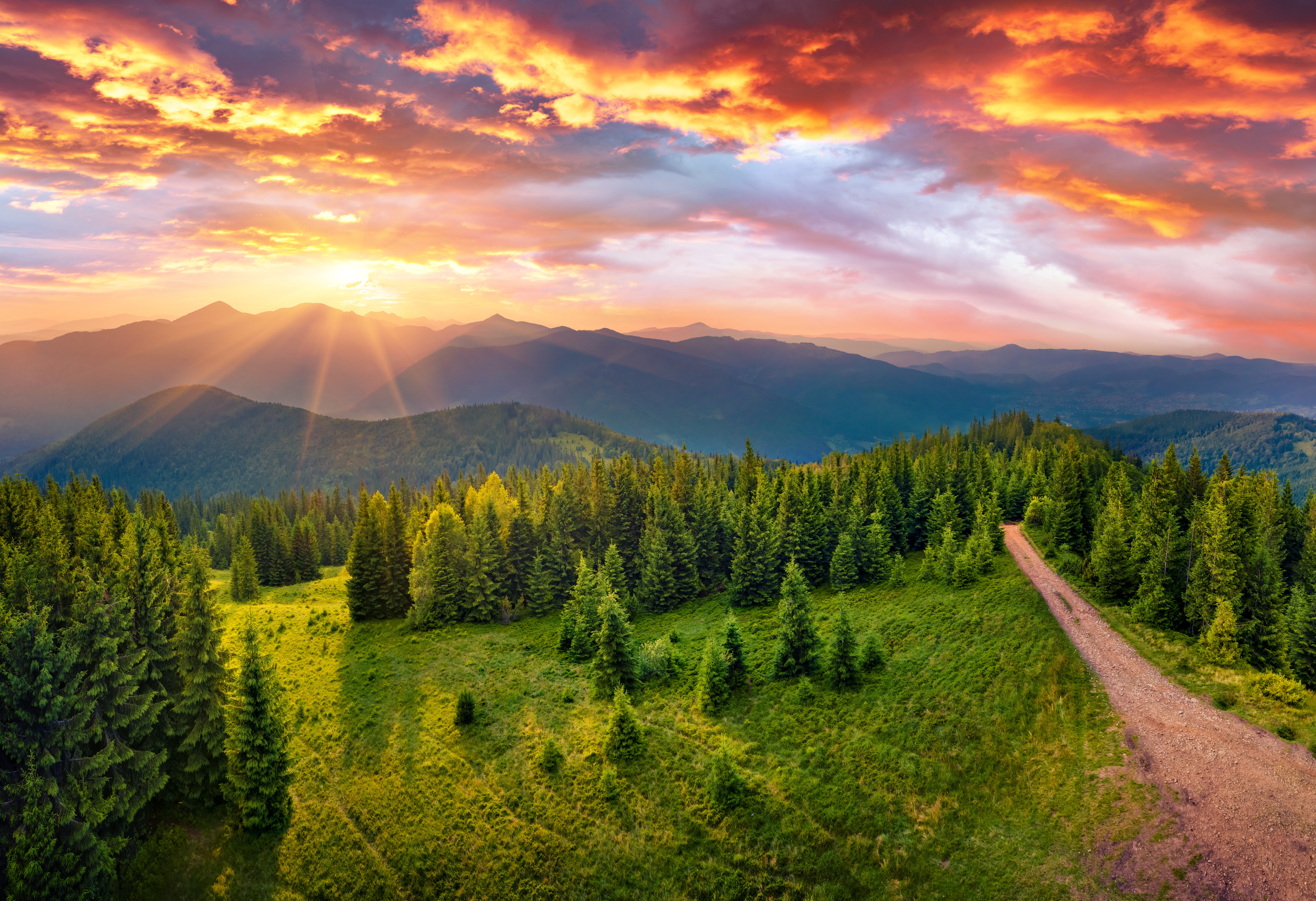 Landscape Mountains Nature Summer Sun Sunset Valley Trees Road Forest Clouds Hills Sky Green 8500x5823