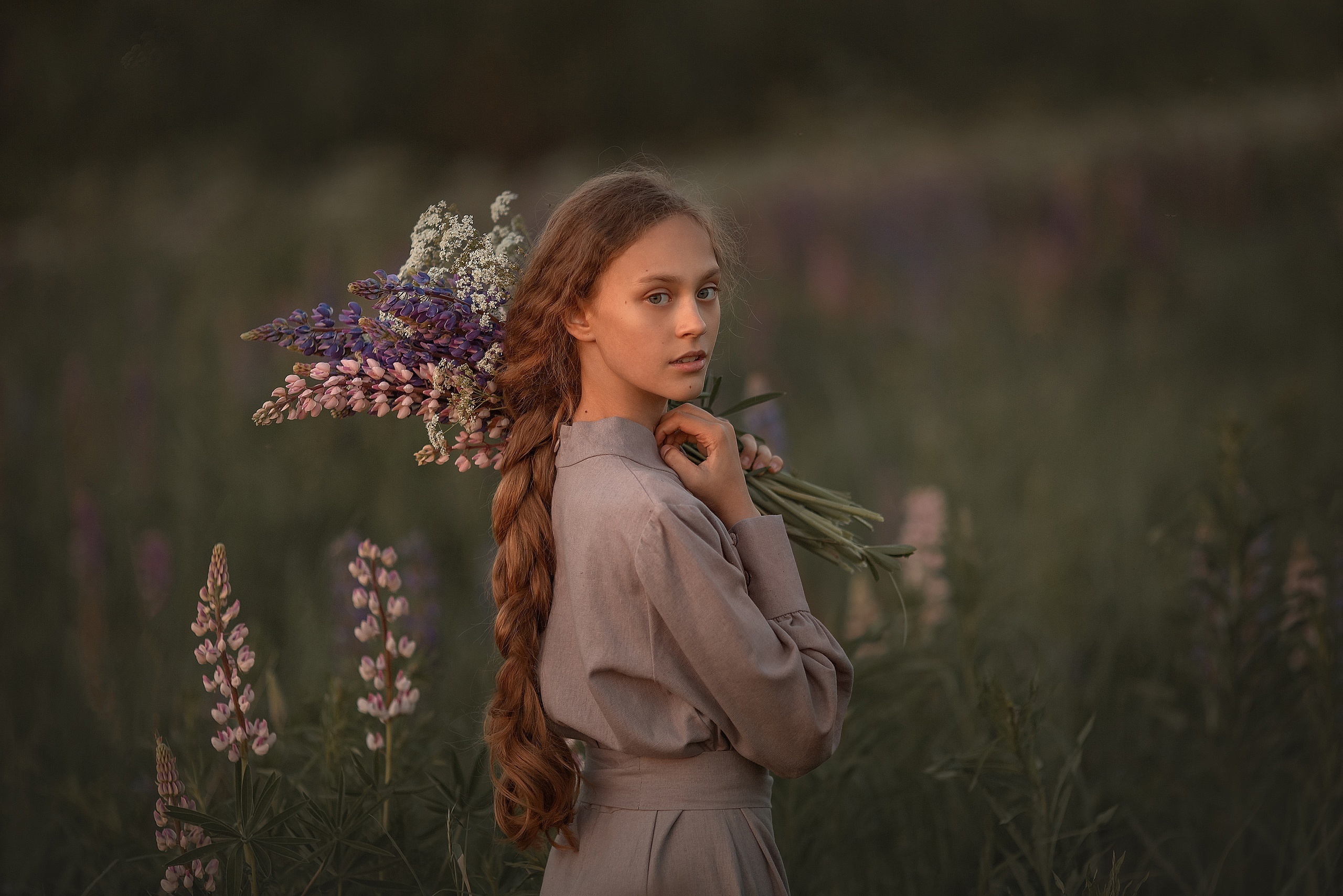 Women Women Outdoors Long Hair Redhead Looking At Viewer Flowers Nature Braided Hair Oleg Rodin 2560x1708