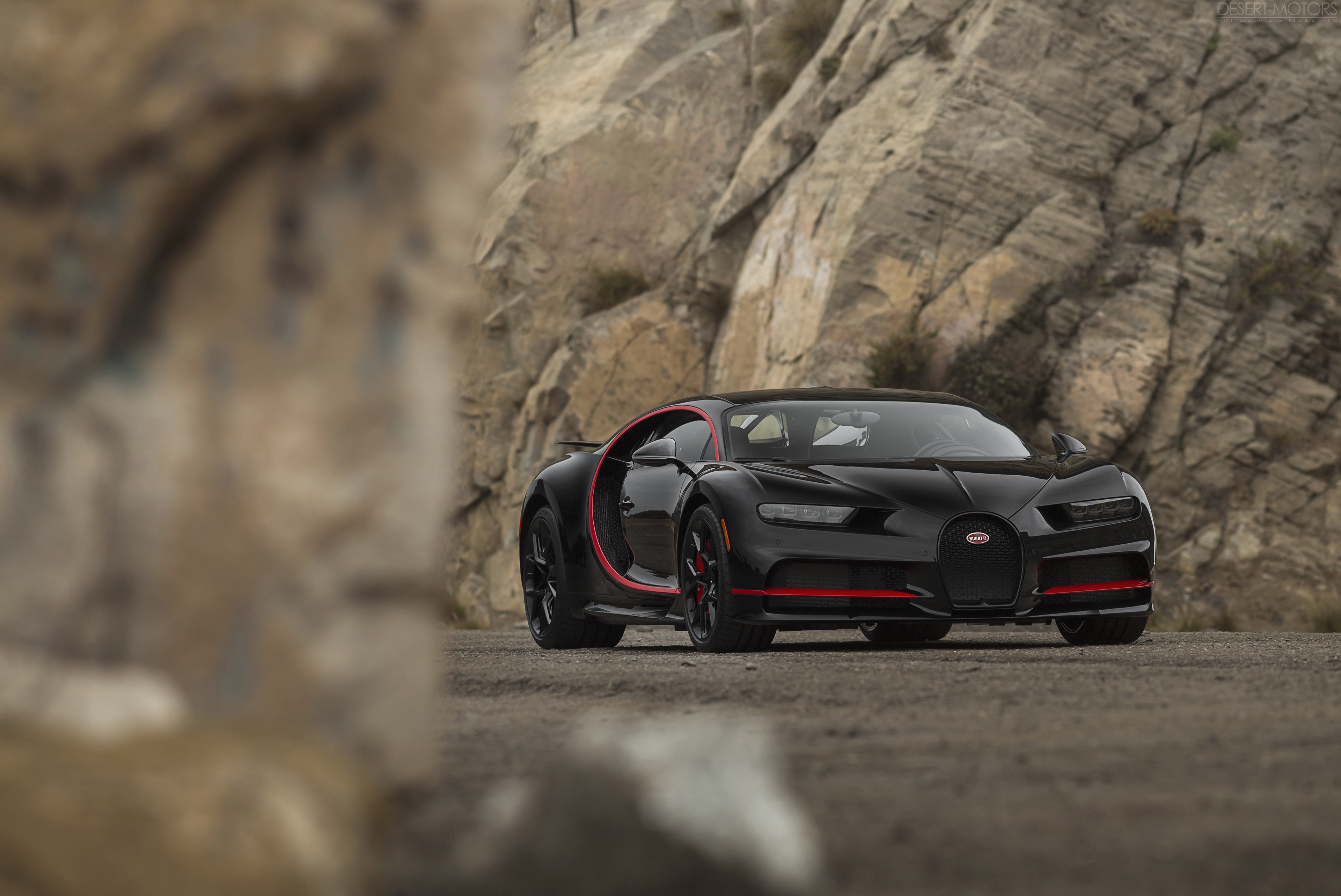 Buggati Bugatti Chiron Black Cars Hypercar Rocks Wall 3840x2566