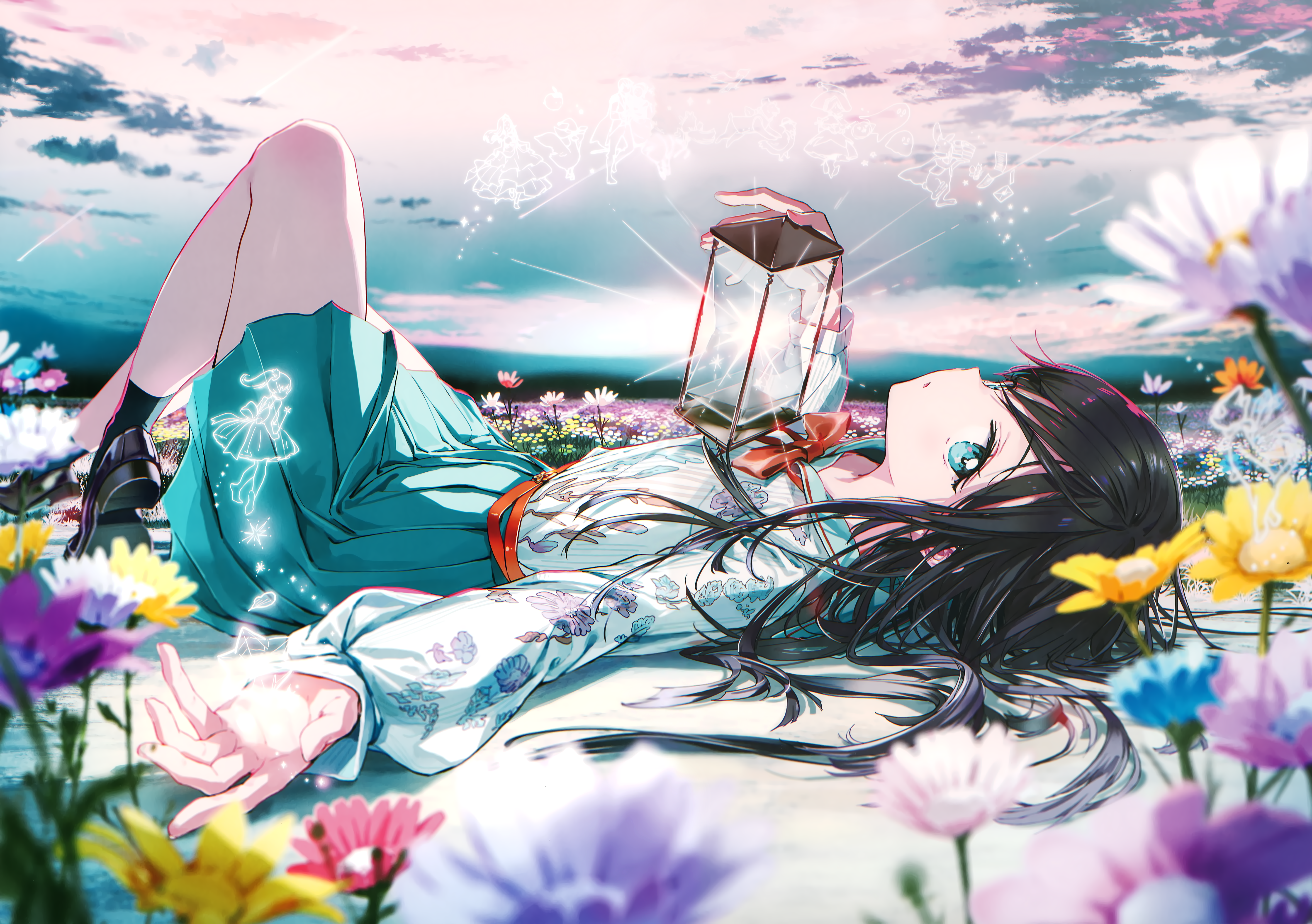 Anime Anime Girls Original Characters Artwork Tiv Flowers Black Hair Blue Eyes 5787x4075