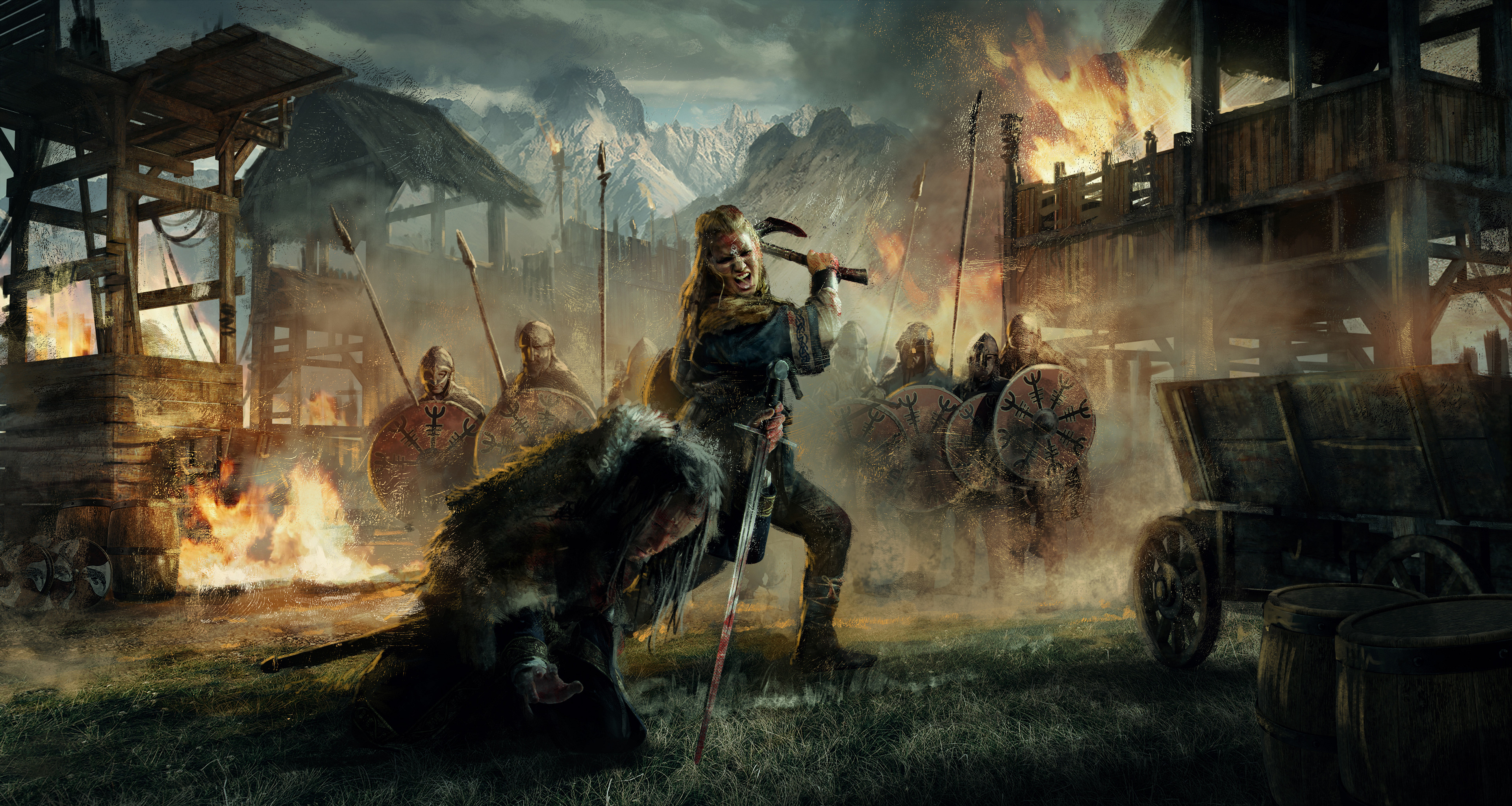 Imad Awan Warrior Lagertha Lothbrok Fire War Assassins Creed Assassins Creed Valhalla Lagertha Digit 3840x2048