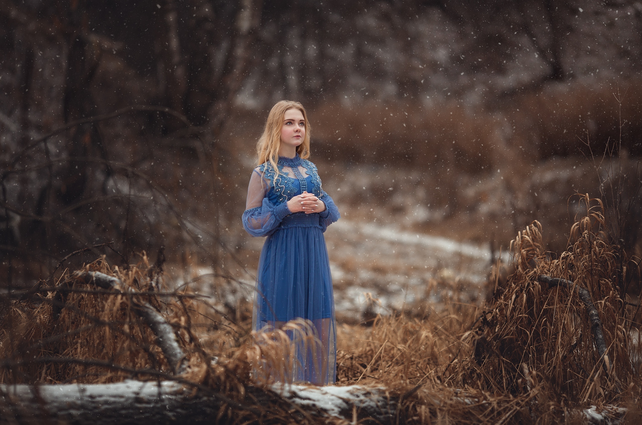Women Women Outdoors Forest Winter Snow Flakes Blonde Oleg Rodin Blue Dress 2560x1696