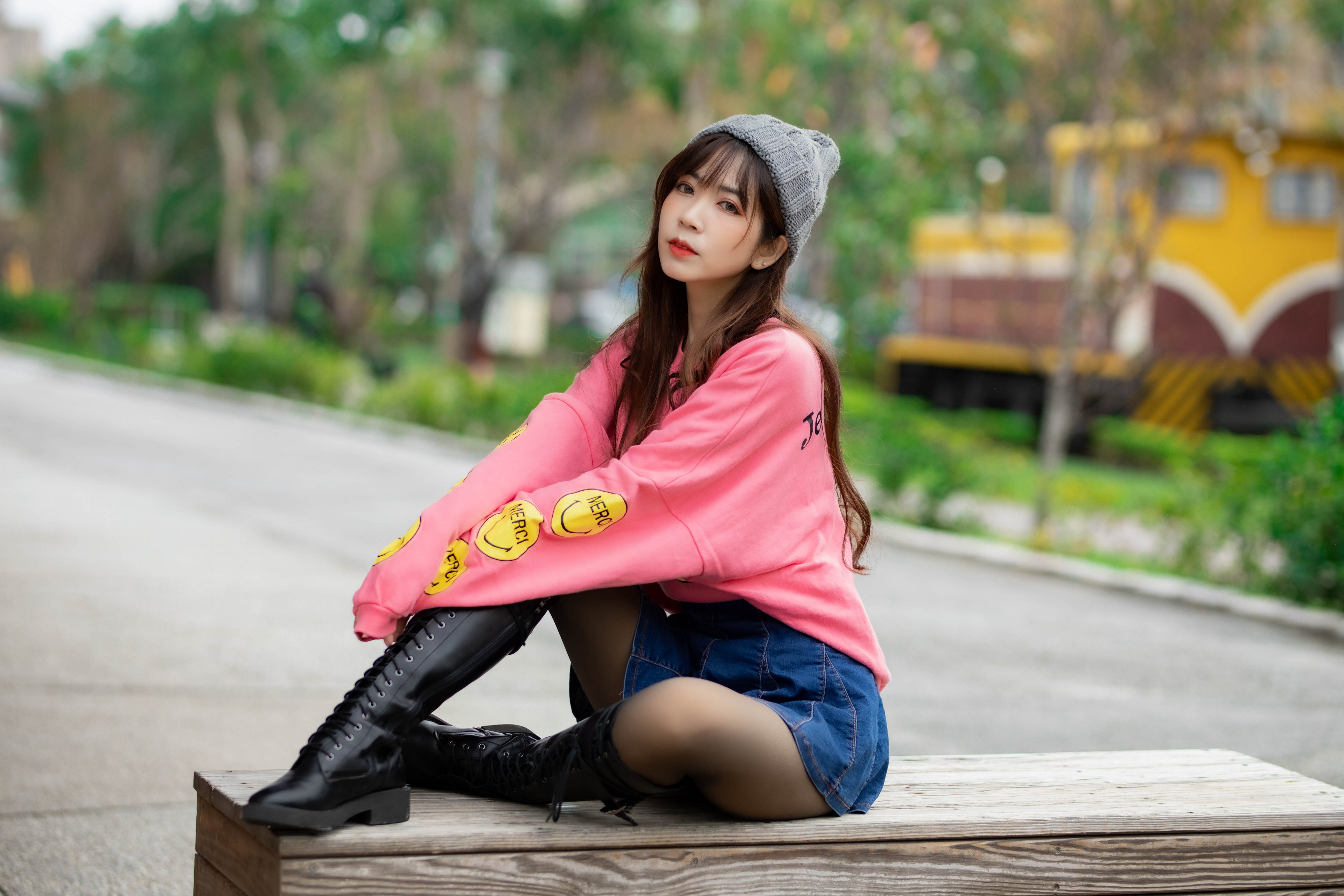 Asian Model Women Long Hair Dark Hair Depth Of Field Pink Pullover Jeans Skirt Boots Sitting Bench B 3840x2560