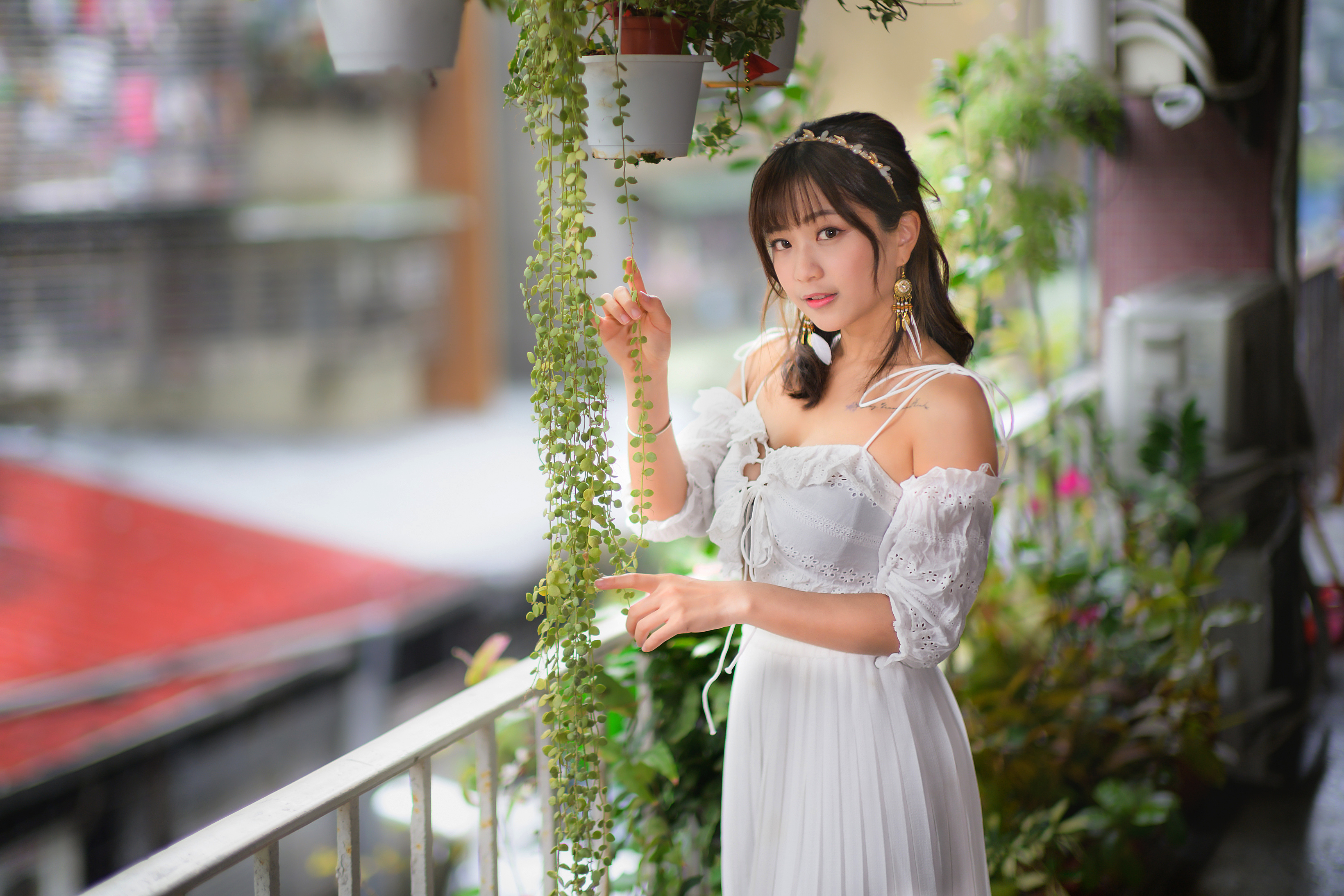 Asian Model Women Long Hair Dark Hair White Dress Hair Band Earrings Ponytail Plants Flowerpot Raili 3280x2187