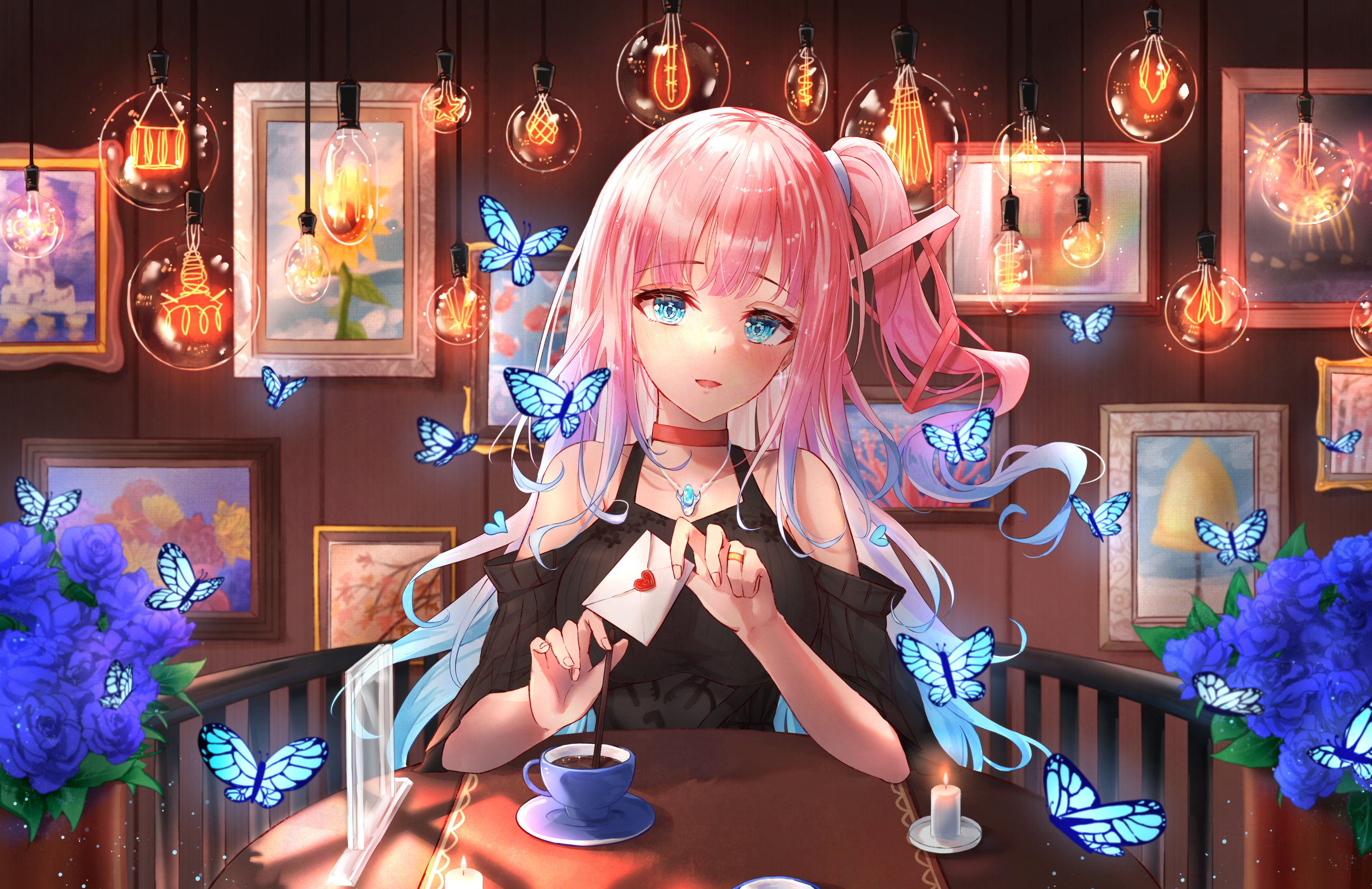 Anime Anime Girls Pink Hair Butterfly Coffee Love Note 2893x1875
