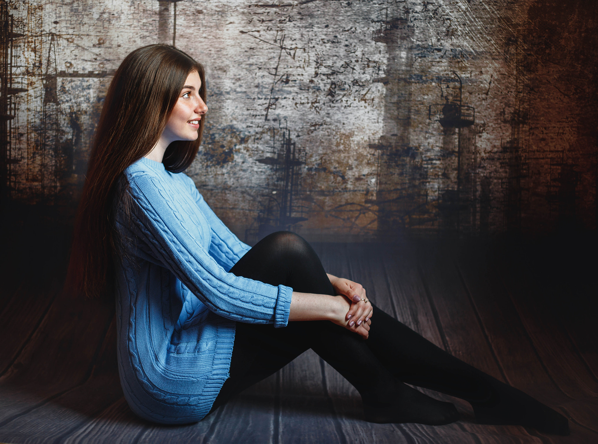 Women Brunette Long Hair Straight Hair Looking Away Freckles Sweater Blue Clothing Profile On The Fl 2048x1522