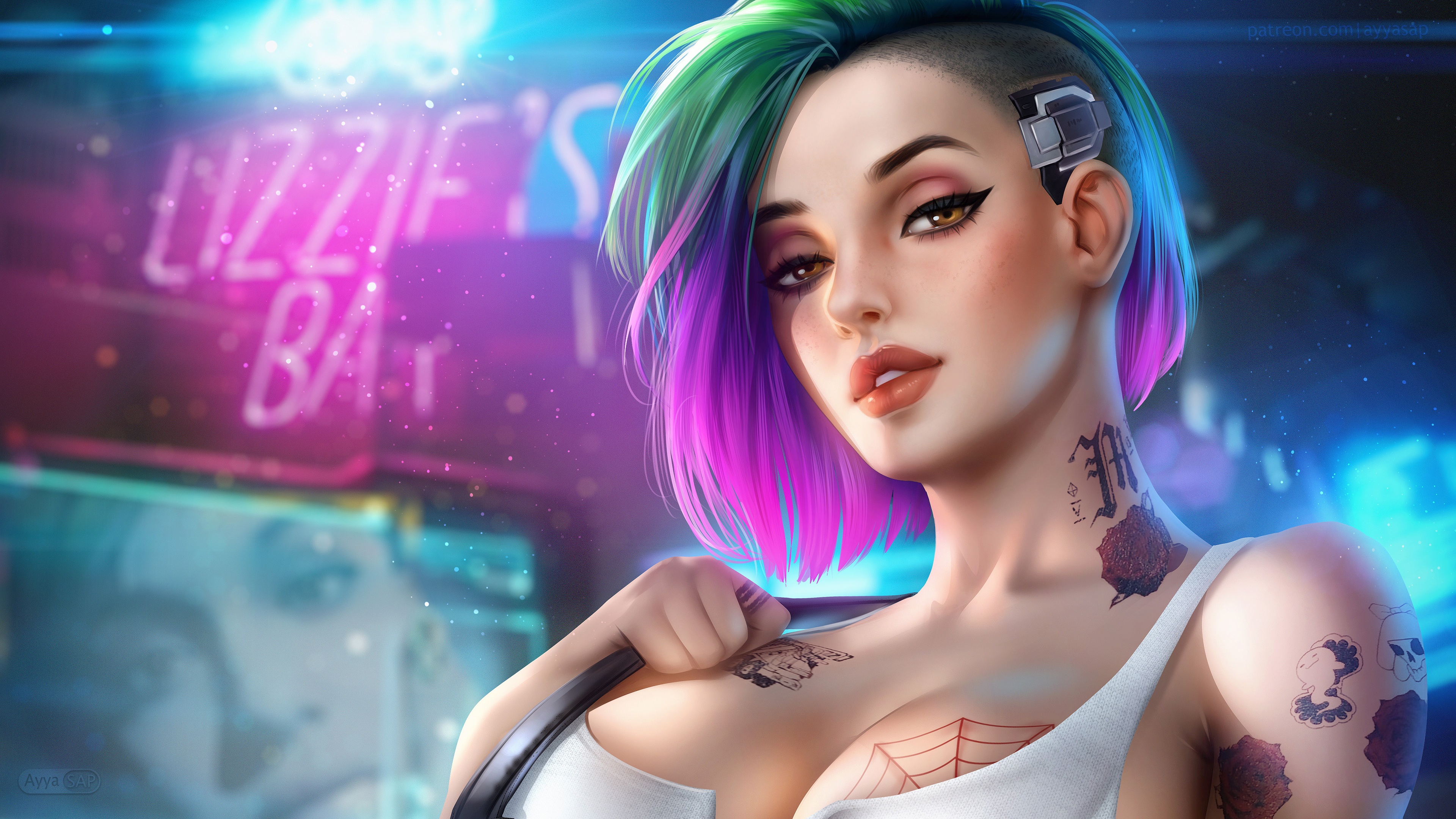 Fantasy Girl Digital Art Cybergirl Tank Top Tattoo Makeup Neon Judy Alvarez Cyberpunk 2077 3840x2160