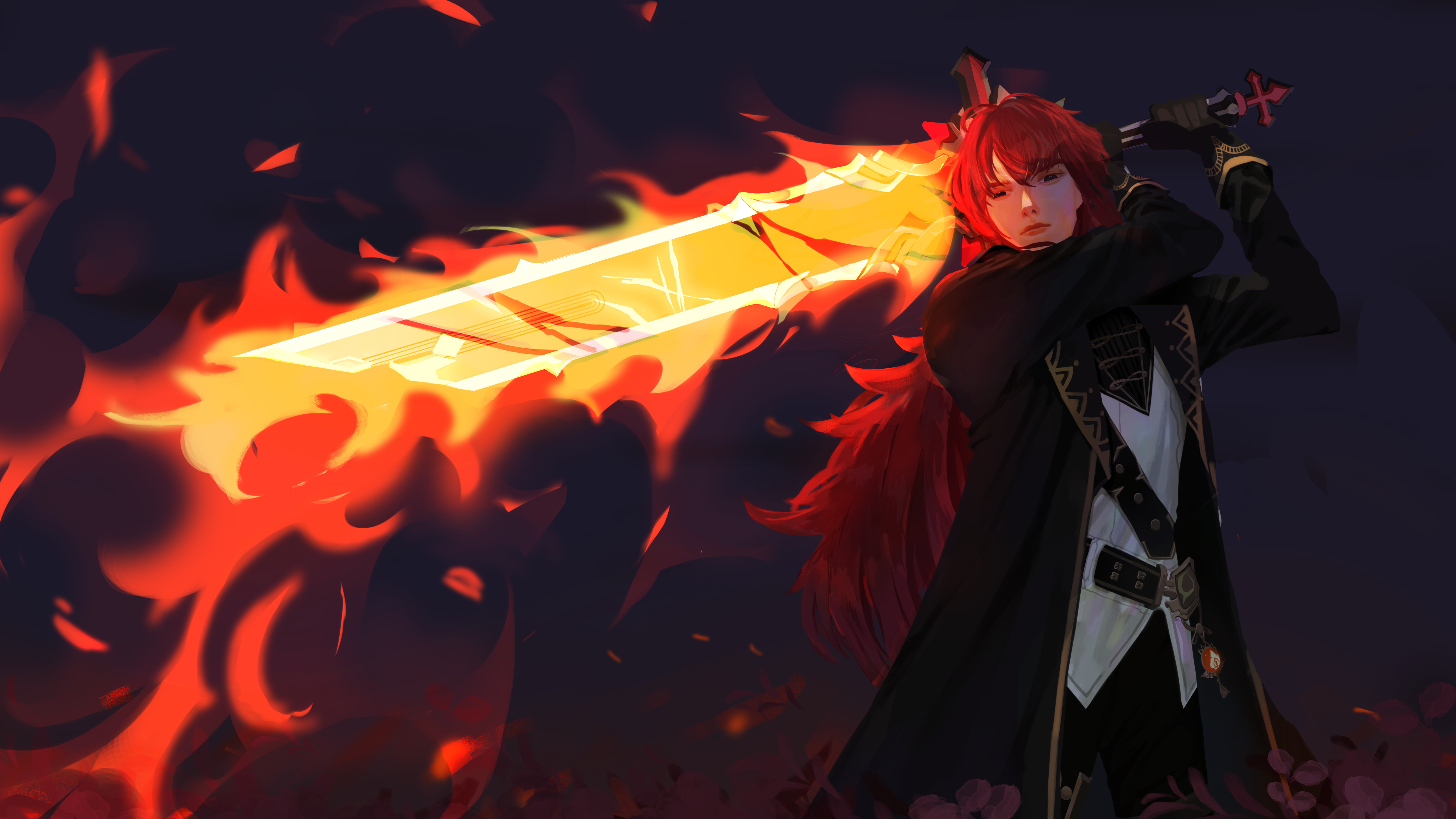 Diluc Genshin Impact Flame Red Hair Sword 6237x3508